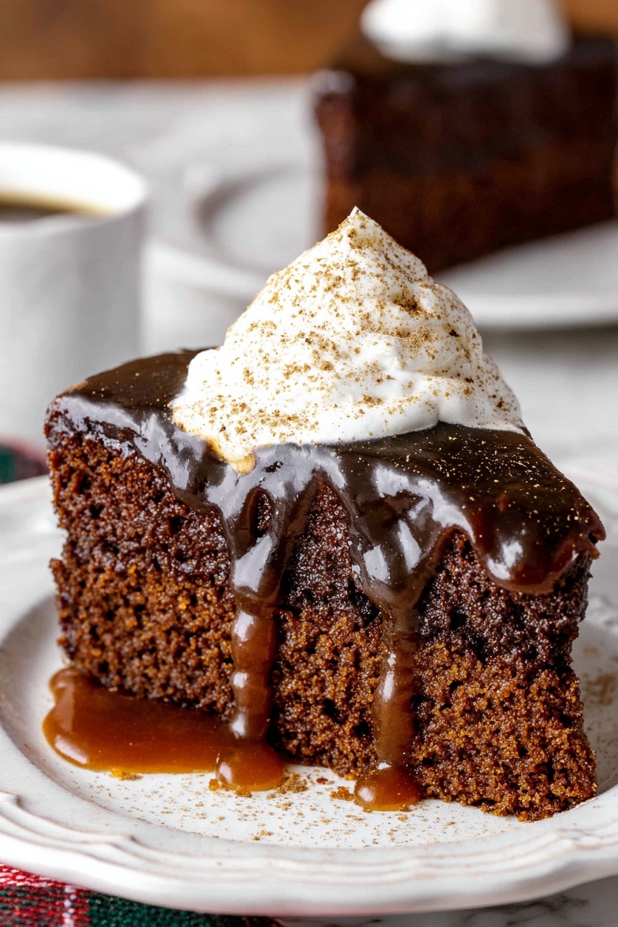 Gingerbread Cake with Butterscotch Sauce, gingerbread cake, spiced cake with butterscotch, cozy gingerbread dessert, moist gingerbread cake - A dark brown moist cake slice sits on a white plate with a decorative edge placed on a white marbled surface. The cake has two visible layers of rich texture, topped with a glossy layer of dark caramel sauce that drips down the sides. On top of the caramel is a generous dollop of white whipped cream sprinkled with a light dusting of brown spice. In the blurred background, another slice of the same cake is on a white plate. Photo taken with an iphone --ar 2:3 --v 7