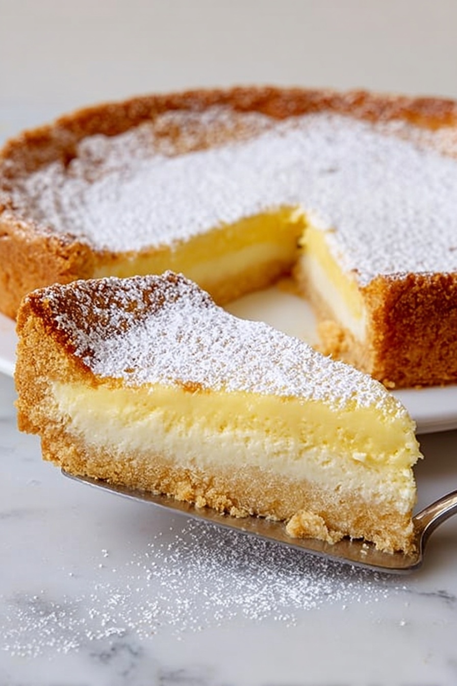 Ooey Gooey Butter Cake, best ooey gooey butter cake, easy gooey butter cake recipe, how to make ooey gooey butter cake, homemade gooey butter cake - The image shows a tart with two layers: a thick, crumbly golden-brown crust on the bottom and sides, and a smooth, pale yellow creamy filling on top. The top of the tart is dusted with a light layer of powdered sugar. A slice is being lifted from the tart with a silver spatula, revealing the filling's soft texture and the crust’s firm structure. The tart is on a white plate, placed on a white marbled surface. Photo taken with an iphone --ar 2:3 --v 7