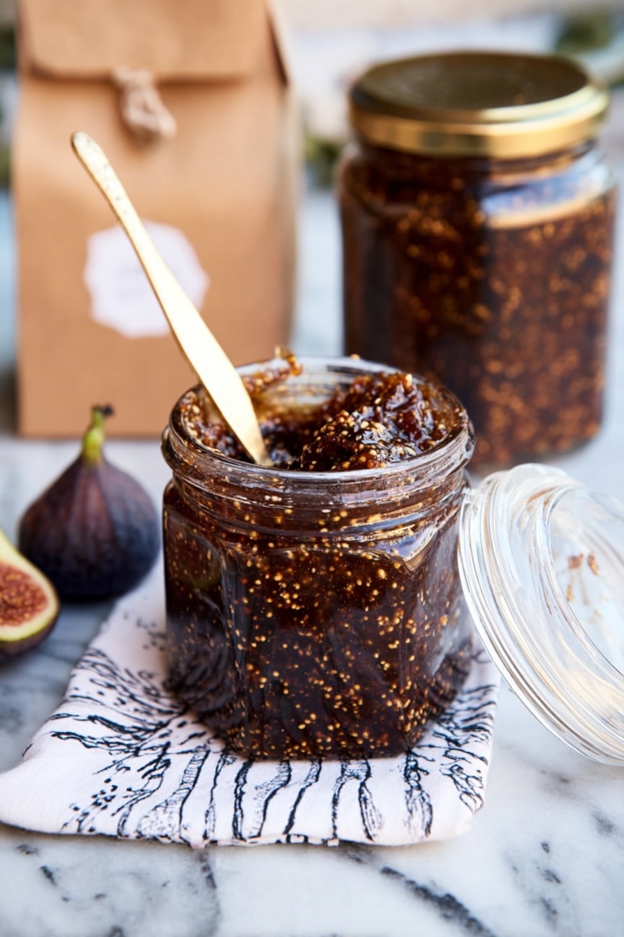 Easy Fig Chutney, fig chutney, homemade fig chutney, simple fruit chutney, sweet and tangy condiment - The image shows a small glass jar filled with dark brown fig jam mixed with visible yellow seeds spread throughout. A gold butter knife rests inside the jar, coated with the jam, and the jar's glass lid is open and resting to the side. Behind the jar, there is another similar jar also filled with fig jam. On the left, two whole dried figs lean against a brown paper bag with a small label. The scene sits on a white marbled surface with a white cloth that has black and blue patterns under the jar. The photo taken with an iphone --ar 2:3 --v 7