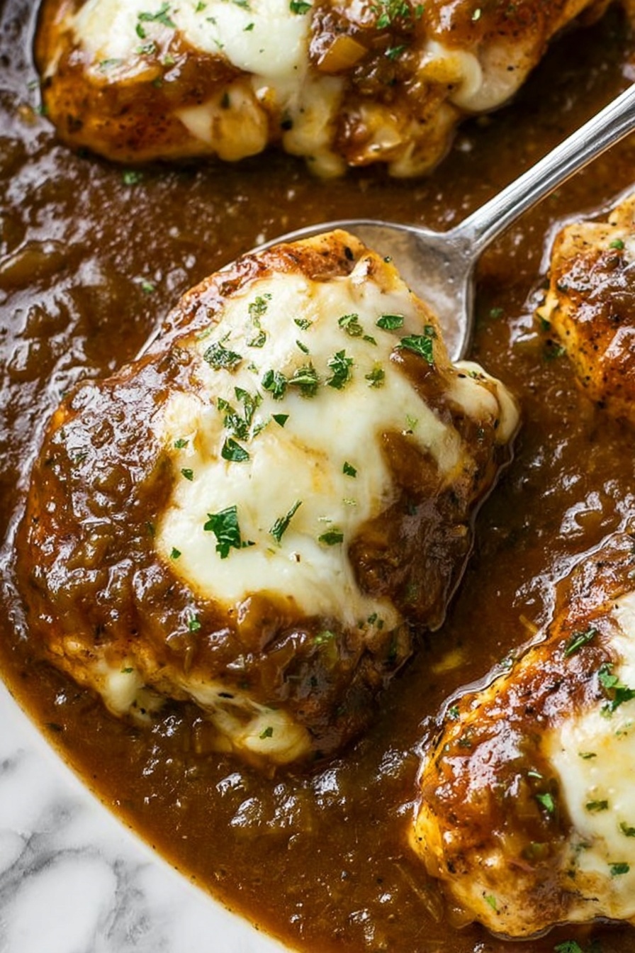 French Onion Chicken Bake, French Onion Chicken, baked chicken with onions, cheesy chicken bake, comforting chicken dinner - The image shows several pieces of golden-brown cooked chicken covered in melted white cheese on top. The chicken is smothered in a thick, dark brown sauce with visible small bits of onion and herbs, giving it a rich and shiny texture. The sauce pools around the chicken, making the dish look moist and flavorful. Small green parsley pieces are sprinkled across the top for color contrast. A silver spoon is slightly dipped into the sauce near the top right corner. The whole scene is set against a white marbled texture background. photo taken with an iphone --ar 2:3 --v 7