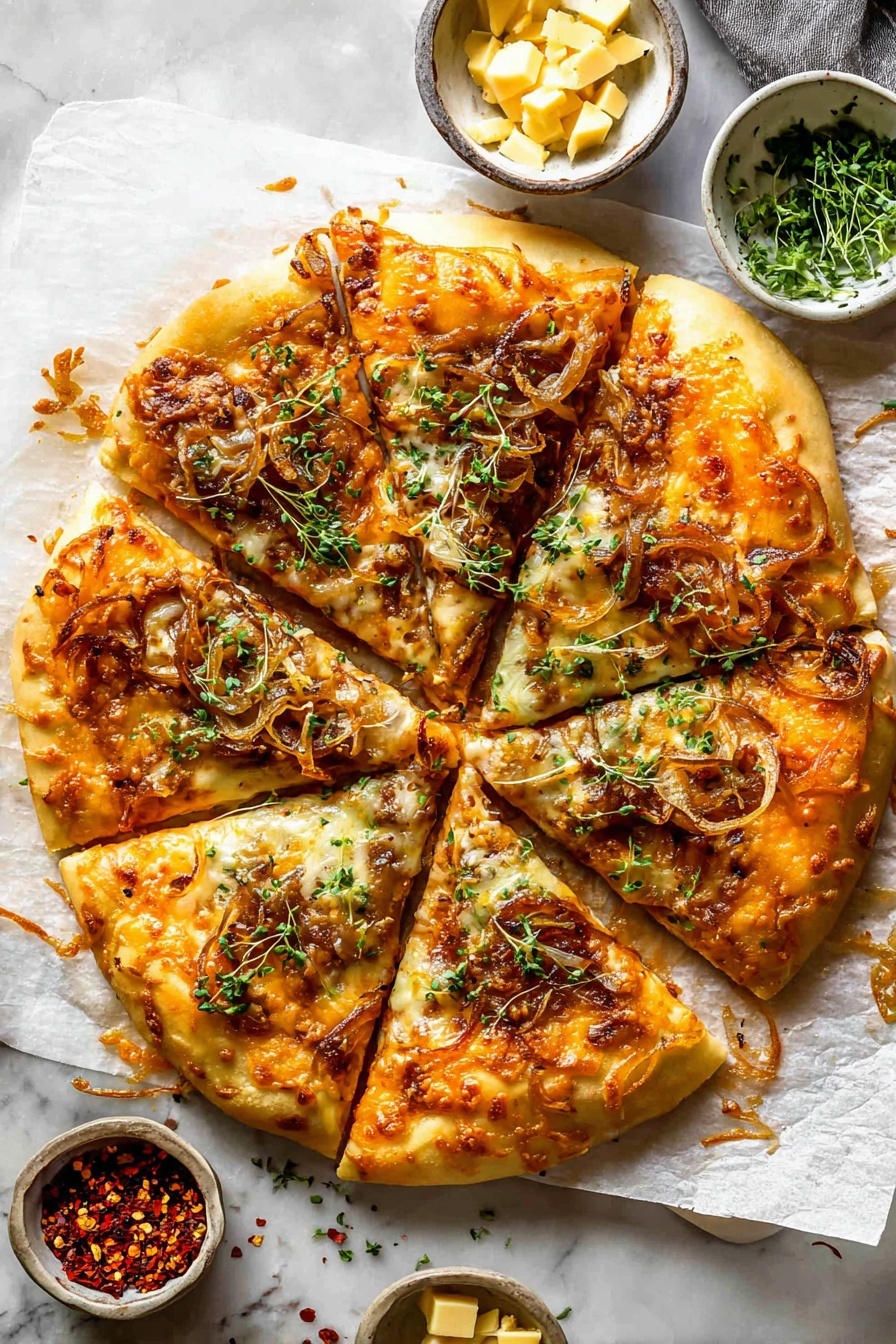 Pumpkin and Gouda Pizza with Caramelized Onions, Fall pumpkin pizza recipes, savory pumpkin pizza, Gouda cheese pizza recipes, cozy fall pizza ideas - A round pizza cut into eight slices rests on parchment paper over a white marbled surface. The pizza has a golden brown crust with a thick layer of melted light yellow cheese on top. There is a vibrant orange sauce spread unevenly in patches beneath the cheese. Thin, soft caramelized onions with a light brown color are scattered generously across the entire pizza. Fresh green herb bits are sprinkled lightly over the pizza’s surface. Around the pizza, small bowls hold red chili flakes, fresh green herbs, and chunks of yellow cheese. The photo taken with an iphone --ar 2:3 --v 7