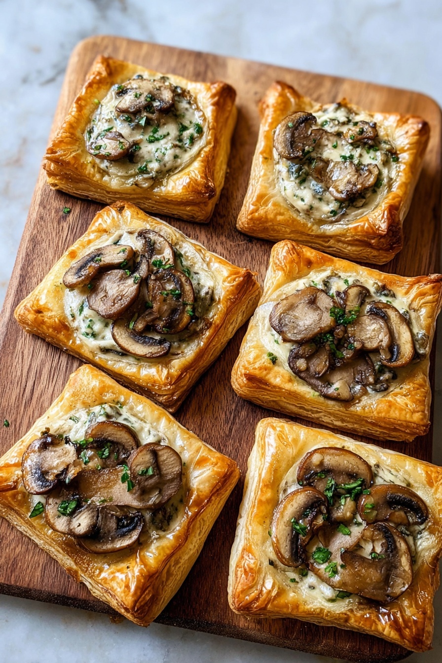 Mushroom and Goat Cheese Puff Pastry Tarts, savory mushroom tart, goat cheese appetizer, easy puff pastry tart, flaky mushroom tart appetizer - Two square-shaped pastries sit on a wooden board with crispy, puffed, golden-brown edges. Each pastry has one main layer of creamy sauce mixed with chopped herbs, topped with thick slices of cooked mushrooms that are dark brown with a slightly glossy texture. The pastries have a soft, flaky base that is light beige inside, contrasting with the darker mushroom topping. The wooden board underneath is smooth with natural grain. photo taken with an iphone --ar 2:3 --v 7