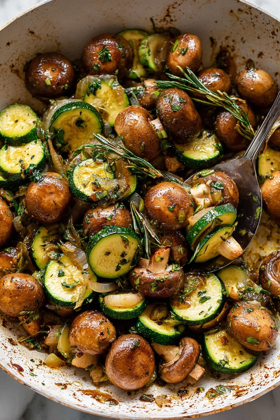Skillet Zucchini and Mushroom Stir-Fry, easy vegetable stir-fry, healthy zucchini mushroom skillet, quick veggie side dish, simple weeknight dinner - The image shows a pan full of cooked mushrooms and zucchini slices mixed with small bits of onion and herbs. The mushrooms are golden brown and round, some whole and some with the tops showing a soft, textured surface. The zucchini slices are curved half-moons with a bright green skin and light green inside. Small green herbs are sprinkled all over, with a few whole twig-like herbs placed on top. The vegetables look moist and shiny with a slight oily glaze. The pan is white with a few brown cooked bits sticking to the sides, sitting on a white marbled surface. A silver spoon is scooping some of the mix from the pan. photo taken with an iphone --ar 2:3 --v 7