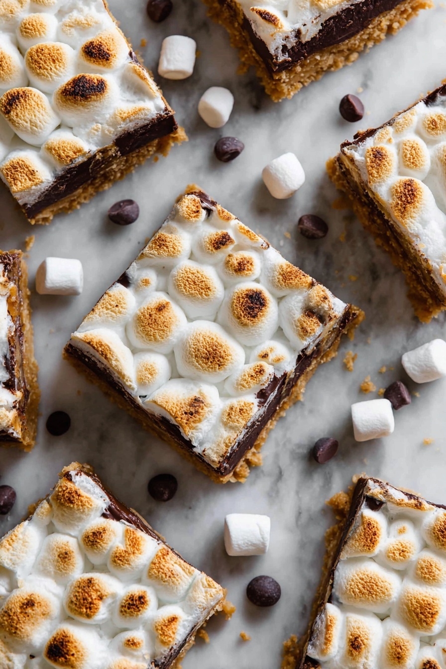 Chewy S'more Bars with Chocolate and Marshmallows, S'mores dessert bars, homemade s'more treats, no-bake s'mores bars, easy campfire-inspired dessert - The image shows several square dessert bars arranged on a white marbled surface. Each bar has three visible layers: a crumbly, golden brown base at the bottom, a thick middle layer of melted dark chocolate, and a top layer of toasted marshmallows that are puffed and golden with light browning on the edges. Scattered around the bars are some whole marshmallows and chocolate chips adding to the scene. The dessert pieces are neatly cut with clear edges, showing the distinct layers clearly photo taken with an iphone --ar 2:3 --v 7