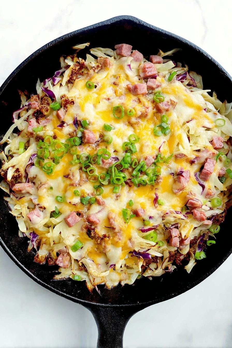 Keto Reuben Bowl, Reuben Bowl, Low-Carb Reuben, Keto Sandwich Alternative, Keto Dinner Ideas - A black cast iron pan filled with a layered dish that has a base of shredded white and purple cabbage, topped with small pieces of pinkish cooked meat, and melted patches of cheddar and mozzarella cheeses scattered evenly across the surface. Bright green chopped spring onions are sprinkled on top, adding contrast. The texture looks soft and gooey with the melted cheese blending into the cabbage and meat. The pan rests on a white marbled surface. photo taken with an iphone --ar 2:3 --v 7