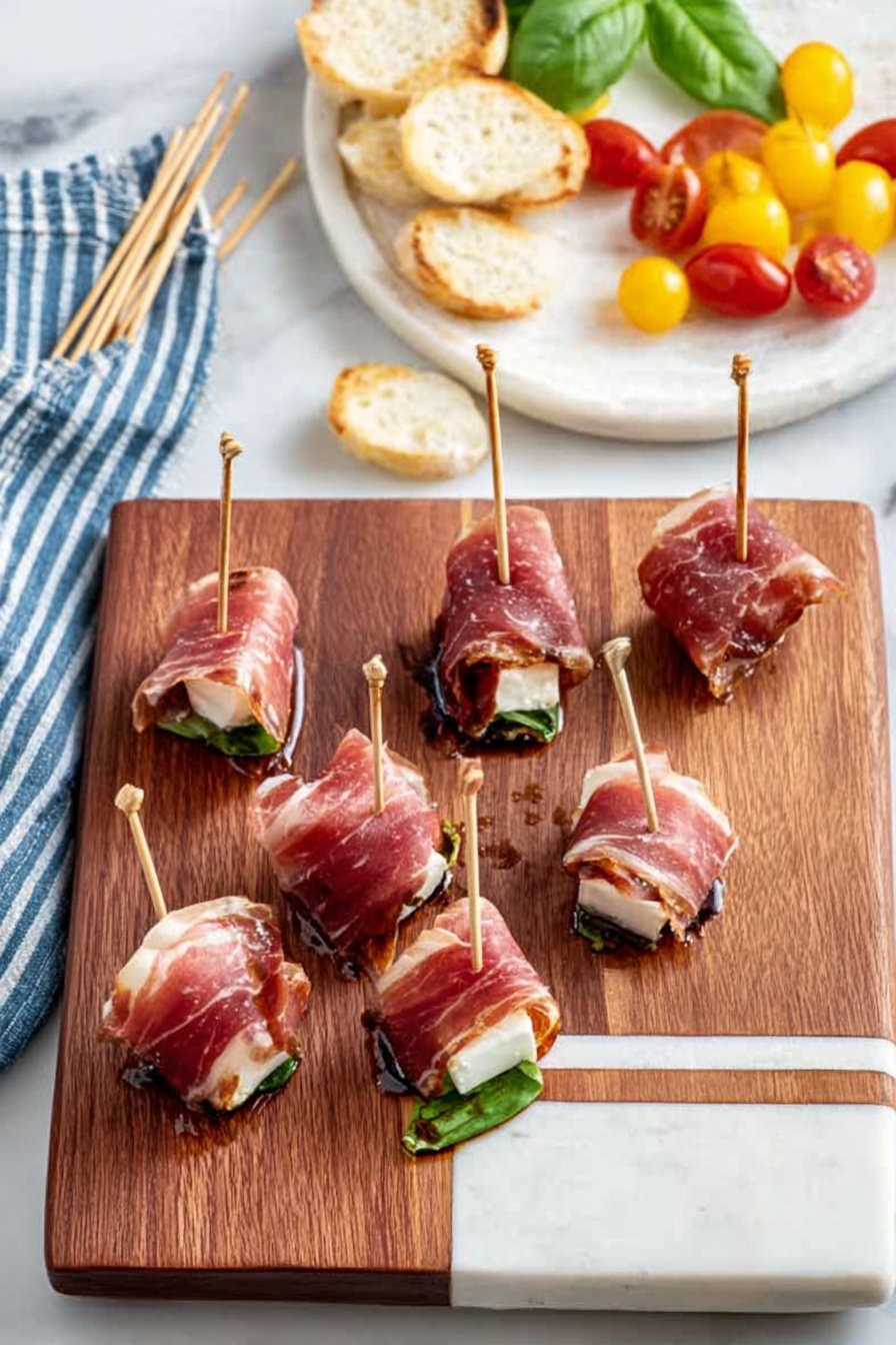 Prosciutto Mozzarella Bites Basil, prosciutto appetizer with basil, easy prosciutto mozzarella snacks, Caprese-inspired appetizer, quick prosciutto bites - The image shows a wooden cutting board with several thin slices of pink prosciutto piled on the left side. On the right side of the board, there are two small appetizer pieces, each with a square white base layer topped with a green layer and wrapped with a thin slice of prosciutto, held together by a small toothpick with a looped top. The cutting board is placed on a white marbled surface. Part of a white bowl with small white round items is visible in the top left corner, and a white bowl with green leaves is in the top right corner. A woman's hand is reaching towards the board from the bottom right. Photo taken with an iphone --ar 2:3 --v 7