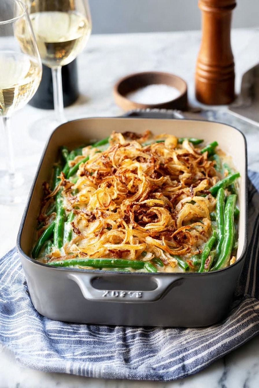 Creamy Mushroom Green Bean Casserole with Crispy Baked Onions, green bean casserole with mushroom sauce, baked onion casserole, holiday green bean side dish, easy mushroom green bean bake - A rectangular gray casserole dish filled with a layered green bean casserole sits on a white marbled surface with a blue and white striped cloth beneath it. The bottom layer consists of fresh, bright green beans arranged evenly, topped with a thick layer of creamy sauce mixed with the beans, and the top layer shows golden brown, crispy fried onions scattered generously, some darker and some lighter in color creating a textured look. In the background, there is a clear glass of white wine, a bottle, a wooden pepper grinder, and a small bowl of salt, all resting on the same white marbled surface. The dish looks warm and ready to serve. photo taken with an iphone --ar 2:3 --v 7