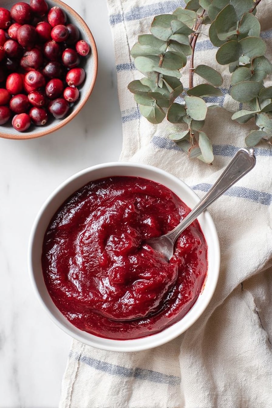 Sweet and Tangy Maple Cranberry Sauce with Orange Zest, cranberry sauce with orange zest, easy holiday cranberry sauce, homemade cranberry sauce, festive fruit sauce - A white bowl filled with smooth, thick red cranberry sauce with a shiny texture and some small visible cranberry pieces inside; a silver spoon rests partially inside the sauce, its handle sticking out to the top right. Next to the bowl, on the left side, is a white bowl with whole cranberries, round and shiny, ranging from dark to bright red. A green eucalyptus branch is seen in the upper right background, resting on a white marbled surface covered with a soft white cloth and a beige cloth with blue stripes. Photo taken with an iphone --ar 2:3 --v 7