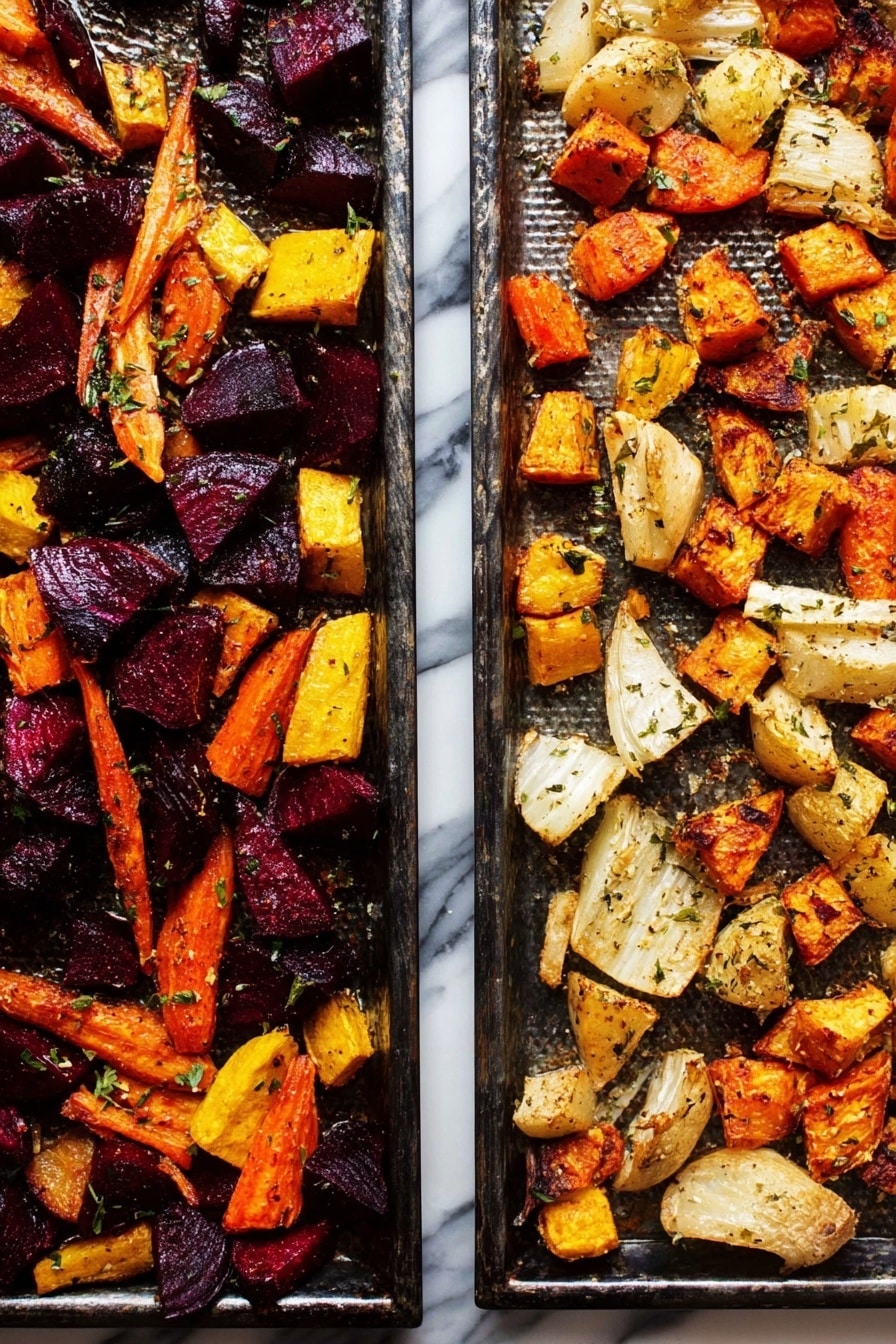 Roasted Root Vegetables with Crispy Sage and Sage Oil, roasted root vegetable side dish, crispy sage recipes, herb-infused roasted vegetables, easy fall side dishes - The image shows two baking trays side by side filled with roasted vegetables. The left tray contains roughly chopped pieces of beets in dark purple, carrots in bright orange, and yellow beets, all mixed and sprinkled with herbs and seasoning, with a slightly shiny roasted texture. The right tray features a mix of golden brown roasted sweet potatoes, white parsnips, and beige root vegetables, all cut into irregular chunks and coated with herbs and spices giving a caramelized look. Both trays have a metal texture underneath the vegetables and are placed on a white marbled surface. Photo taken with an iphone --ar 2:3 --v 7