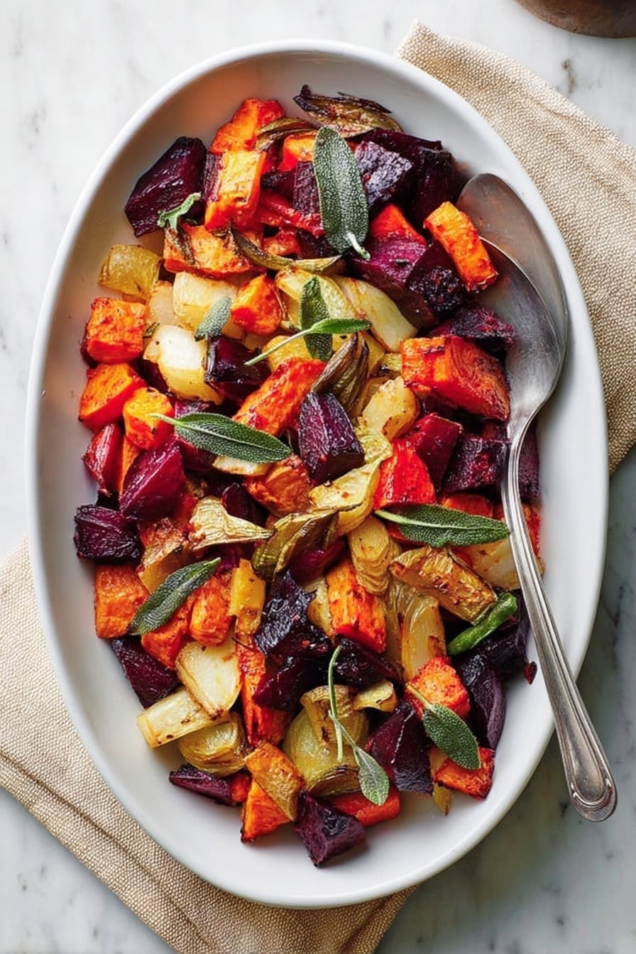 Roasted Root Vegetables with Crispy Sage and Sage Oil, roasted root vegetable side dish, crispy sage recipes, herb-infused roasted vegetables, easy fall side dishes - A white oval dish filled with a colorful mix of roasted vegetables in layers: bright orange sweet potato chunks, deep purple beet pieces, caramel-colored parsnip slices, and pale beige root vegetable bits, all mixed together and garnished with fresh green sage leaves scattered on top. A silver spoon rests on the right side of the dish, and a light beige napkin is tucked under the spoon. The background is a white marbled surface. Photo taken with an iphone --ar 2:3 --v 7