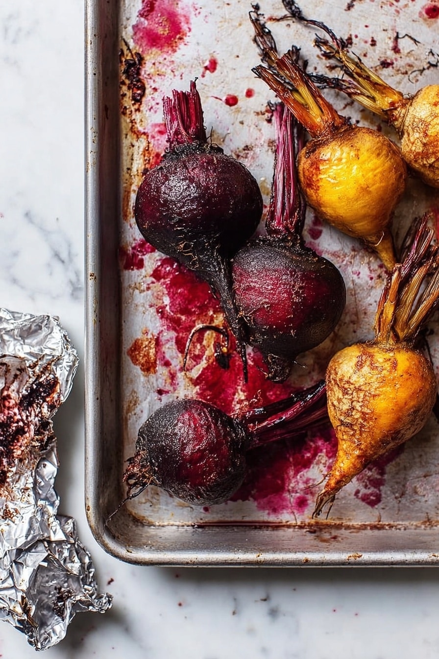 Roasted Beets, roasted beets recipe, easy beet side dish, healthy roasted vegetables, simple beet recipes - The image shows a metal baking tray on a white marbled surface, holding six roasted root vegetables. There are three deep purple-red beets on the left and three golden-yellow beets on the right, each with rough, slightly charred skin and stems attached. The tray has splatters of red beet juice around the vegetables. In the bottom left corner, a crumpled piece of aluminum foil with dark red stains is visible. Photo taken with an iphone --ar 2:3 --v 7