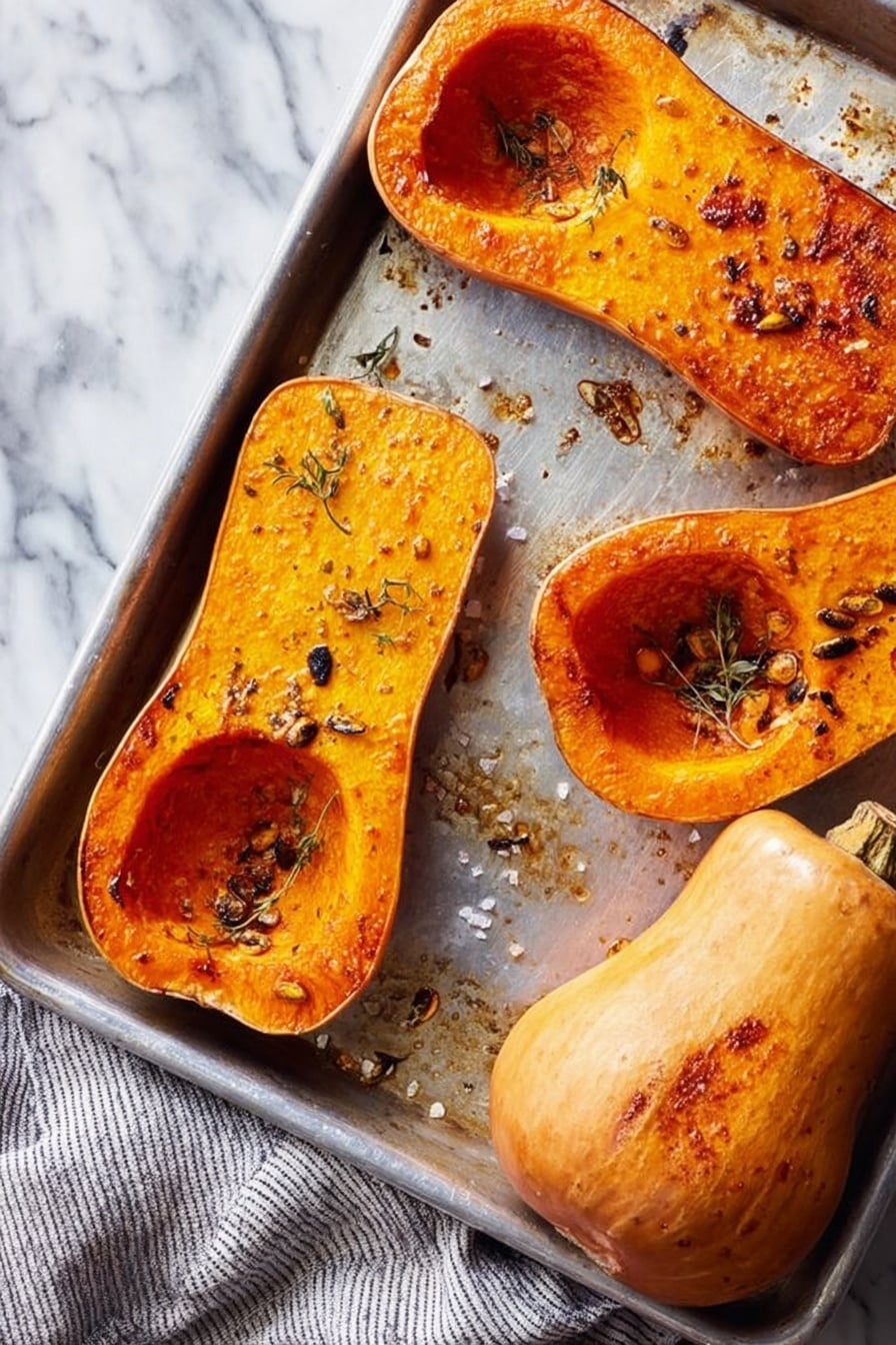 Roasted Honeynut Squash with Whipped Ricotta and Toasted Walnuts, honeynut squash dish, roasted squash with ricotta, easy fall squash recipes, nutty roasted squash - The image shows a metal baking tray with four pieces of roasted butternut squash on it. Three halves of squash are empty inside, showing orange, slightly caramelized flesh with dark roasted seeds and small black herb pieces scattered over them. One whole squash piece remains uncut and roasted, with a light brown skin, small black pepper spots, and some oil glistening on it. The tray has small browned oil spots and some salt crystals. Under the tray is a grey and white striped cloth, and the background is a white marbled texture. photo taken with an iphone --ar 2:3 --v 7