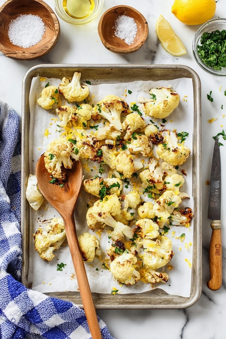 Roasted Cauliflower with Lemon, Parsley, and Parmesan, roasted cauliflower, lemon cauliflower side dish, healthy cauliflower recipes, flavorful vegetable sides, easy roasted cauliflower - A white baking tray is filled with golden brown roasted cauliflower pieces, each lightly charred at the edges with a crispy texture. Small green herb bits, likely parsley, are scattered evenly over the cauliflower, adding a fresh pop of color. A round, wooden spoon holds a few cauliflower pieces near the top left of the tray. The scene rests on a white marbled surface, with a touch of golden yellow from a dish partially visible to the right. photo taken with an iphone --ar 2:3 --v 7