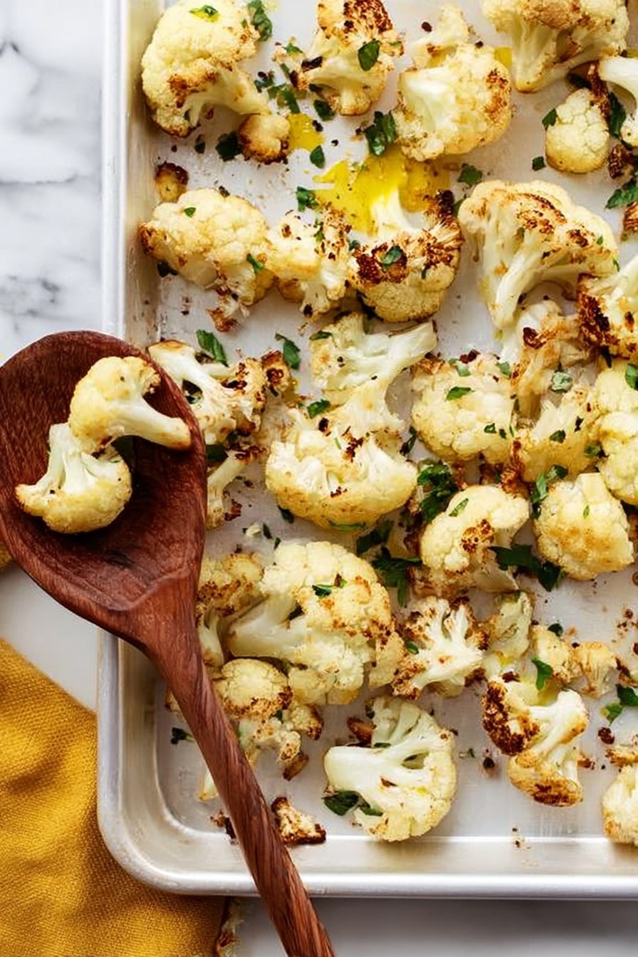 Roasted Cauliflower with Lemon, Parsley, and Parmesan, roasted cauliflower, lemon cauliflower side dish, healthy cauliflower recipes, flavorful vegetable sides, easy roasted cauliflower - The image shows many pieces of roasted cauliflower scattered on a white marbled surface. The cauliflower has a light golden brown color with some darker roast spots, giving it a slightly crispy look. Small bits of green herbs and tiny orange zest pieces are sprinkled all over the cauliflower, adding color contrast. A wooden spoon lies among the cauliflower pieces, holding one small piece and some herbs. The texture of the cauliflower looks soft inside but crunchy on the outside. The overall scene is bright and fresh. photo taken with an iphone --ar 2:3 --v 7