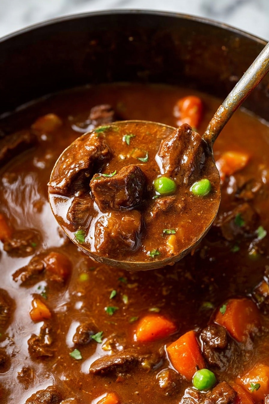 Slow Cooker Beef Stew with Red Wine and Vegetables, hearty beef stew, slow cooker beef recipes, beef and vegetable stew, red wine beef stew - The image shows a thick beef stew with a rich brown sauce, filled with tender dark brown pieces of beef, bright orange chunks of carrots, and a few green peas scattered throughout. In the center, a metal ladle lifts a portion of the stew, fully loaded with the same ingredients, the sauce shiny and smooth with visible herbs. The stew fills the frame, resting on a white marbled surface. photo taken with an iphone --ar 2:3 --v 7