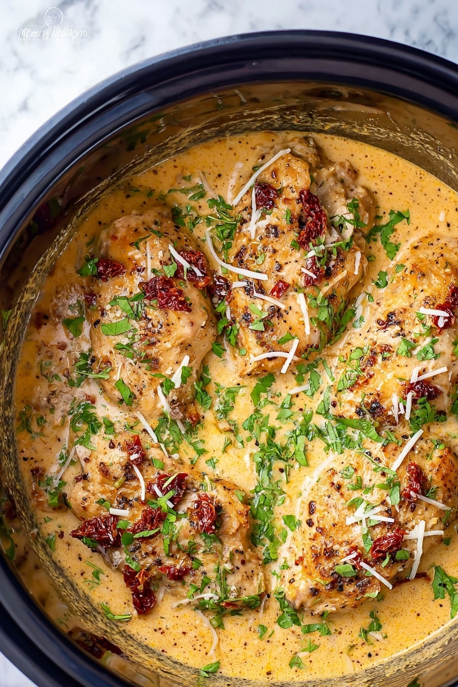 Crock Pot Marry Me Chicken, easy crock pot chicken recipes, creamy chicken dinner ideas, simple slow cooker chicken, romantic chicken dinner - The image shows four cooked chicken pieces in a creamy, thick sauce inside a black pot. The sauce is light orange-yellow with a smooth texture. The chicken pieces are golden brown with some dark red-brown bits on top that look like sun-dried tomatoes or spices. Fresh green herbs, probably chopped parsley or basil, are sprinkled all over the chicken and sauce. There are also thin white shreds, likely grated cheese, spread evenly on top. The pot is placed on a white marbled surface. photo taken with an iphone --ar 2:3 --v 7
