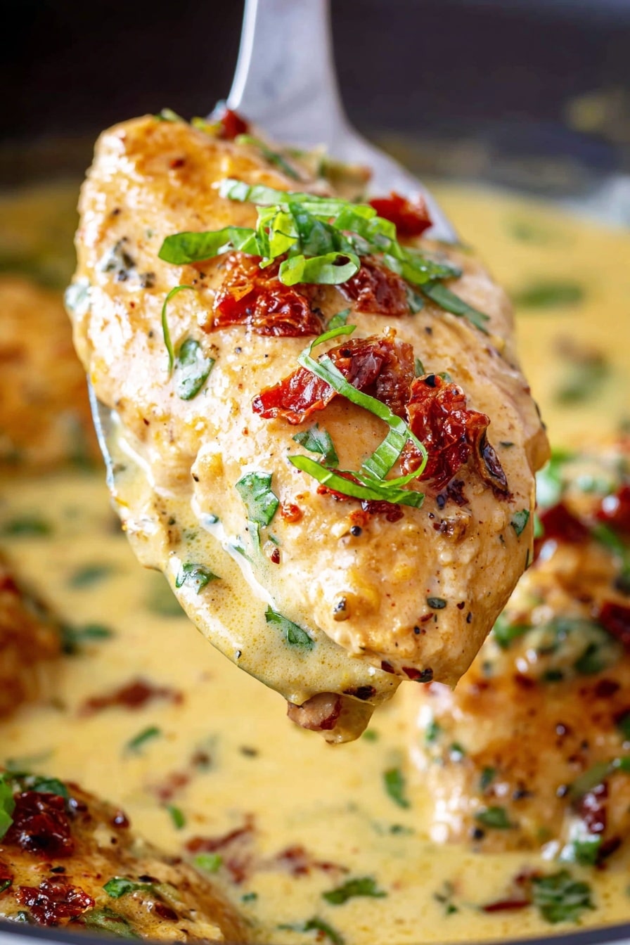 Crock Pot Marry Me Chicken, easy crock pot chicken recipes, creamy chicken dinner ideas, simple slow cooker chicken, romantic chicken dinner - The image shows a close-up of a single cooked piece of chicken covered in creamy sauce with small bits of sun-dried tomatoes and fresh green herbs on top. The chicken is held above a pan filled with more creamy sauce, with additional pieces of chicken partially visible under the sauce. The sauce is a pale yellow color with bits of tomato and herbs scattered throughout, and the chicken looks tender and juicy with a slightly browned surface. The photo is sharp, with the details of the herbs and sauce texture clear. photo taken with an iphone --ar 2:3 --v 7