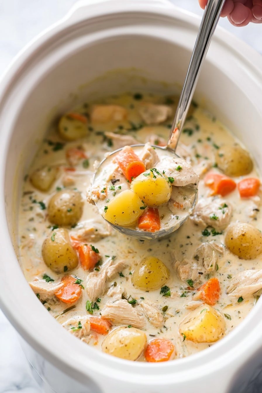 Slow Cooker Garlic Parmesan Chicken Stew, easy slow cooker chicken recipes, hearty chicken stew, creamy garlic chicken dinner, comforting slow cooker meals - A white crockpot filled with creamy chicken stew, containing chunks of white chicken meat, small yellow potatoes, orange carrot slices, and small bits of green herbs scattered throughout, the stew has a thick light cream-colored broth, a woman's hand is holding a silver ladle lifting a portion of the stew above the pot, showing the layers of chicken, potatoes, and carrots in the thick sauce, the background and surface are white marbled texture photo taken with an iphone --ar 2:3 --v 7