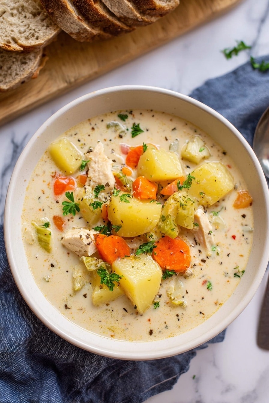 Slow Cooker Garlic Parmesan Chicken Stew, easy slow cooker chicken recipes, hearty chicken stew, creamy garlic chicken dinner, comforting slow cooker meals - The image shows a white bowl filled with creamy soup that has several layers of ingredients. The base layer is a thick, light beige cream soup with small black specks of pepper. On top, there are chunks of yellow potatoes with skin, bright orange carrot pieces, and small pieces of white chicken meat. Green parsley leaves are sprinkled over the soup for color. The bowl rests on a white marbled surface with a blue-gray cloth beside it, and a wooden board with sliced rustic bread is partly shown at the top left. Photo taken with an iphone --ar 2:3 --v 7