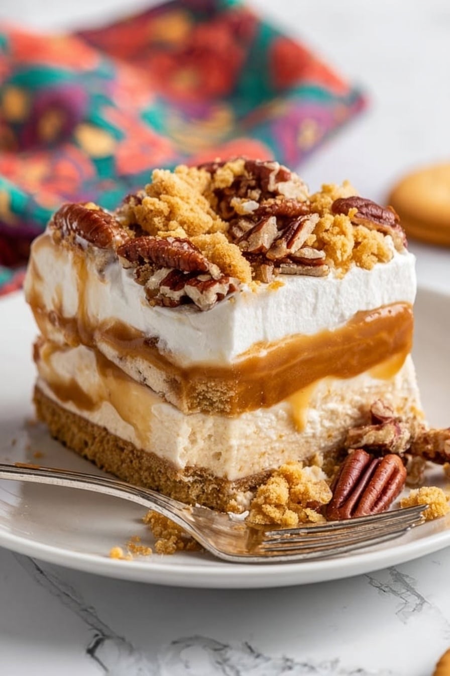 No Bake Pumpkin Lush, no bake pumpkin dessert, easy pumpkin dessert, fall pumpkin pudding, no bake pumpkin layered treat - The image shows a square dessert on a white plate with three visible layers: a crumbly brown crust at the bottom, a thick light brown creamy middle layer, and a white whipped topping layer on top. The dessert is sprinkled with broken pecan pieces and chunks of a golden cookie. There are a few pecan pieces and cookie crumbs on the plate around the dessert, along with a whole light brown cookie on the side. The background is a white marbled surface with a colorful cloth featuring floral patterns in soft yellow, blue, and red tones. Photo taken with an iphone --ar 2:3 --v 7
