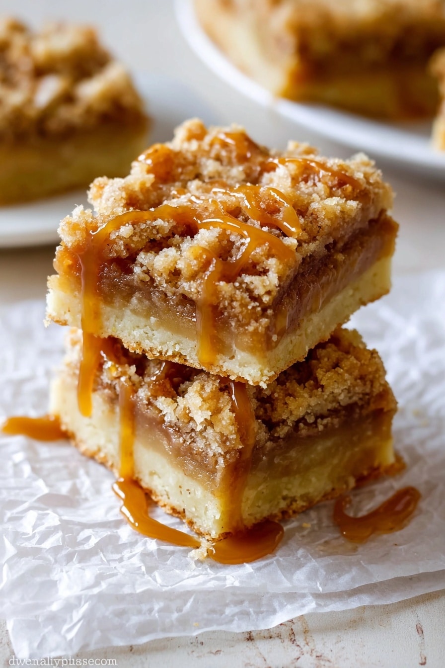 Salted Caramel Apple Pie Bars, Apple Pie Bars with Salted Caramel, Fall Apple Dessert Bars, Easy Apple Pie Bars, Caramel Apple Bars - Two square bars are stacked on top of each other on a piece of crinkled parchment paper. Each bar has three visible layers: a pale yellow bottom crust, a light brown middle layer with small chunks, and a golden crumbly top layer. A shiny caramel sauce is drizzled over the top and is slightly dripping down the sides of the bars. The surface underneath is a white marbled texture. In the background, there is a blurred white plate with more bars. photo taken with an iphone --ar 2:3 --v 7