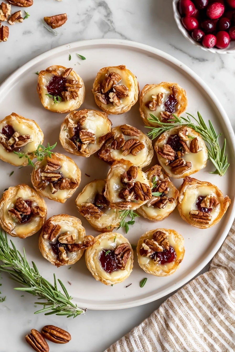 Cranberry Brie Bites, Cranberry Brie Appetizer, Puff Pastry Brie Bites, Holiday Party Snacks, Easy Cranberry Brie Bites - The image shows a white plate with six small puff pastry cups. Each cup has a golden brown crust, filled with melted pale yellow cheese and sprinkled with pieces of toasted pecans. On top of each cup, there is a small sprig of fresh green rosemary, adding a pop of color. The pastries are arranged in a circular shape on a white marbled surface. The photo is close up, focusing on the texture of the flaky pastry and glossy cheese. photo taken with an iphone --ar 2:3 --v 7