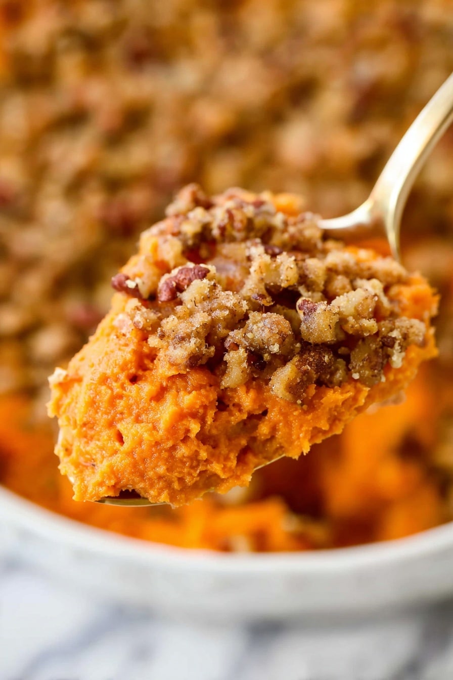 Vegan Sweet Potato Casserole with Butter Pecan Topping, plant-based sweet potato casserole, vegan holiday side dish, vegan pecan topping recipe, dairy-free sweet potato casserole - A close-up view of a spoon holding a portion of thick orange sweet potato mash topped with a crumbly brown pecan streusel. The sweet potato layer looks smooth with a soft texture, while the streusel on top is rough with small pecan pieces giving it a crunchy appearance. The background shows more of the sweet potato dish in a white bowl set on a white marbled surface, creating a warm and inviting look. photo taken with an iphone --ar 2:3 --v 7