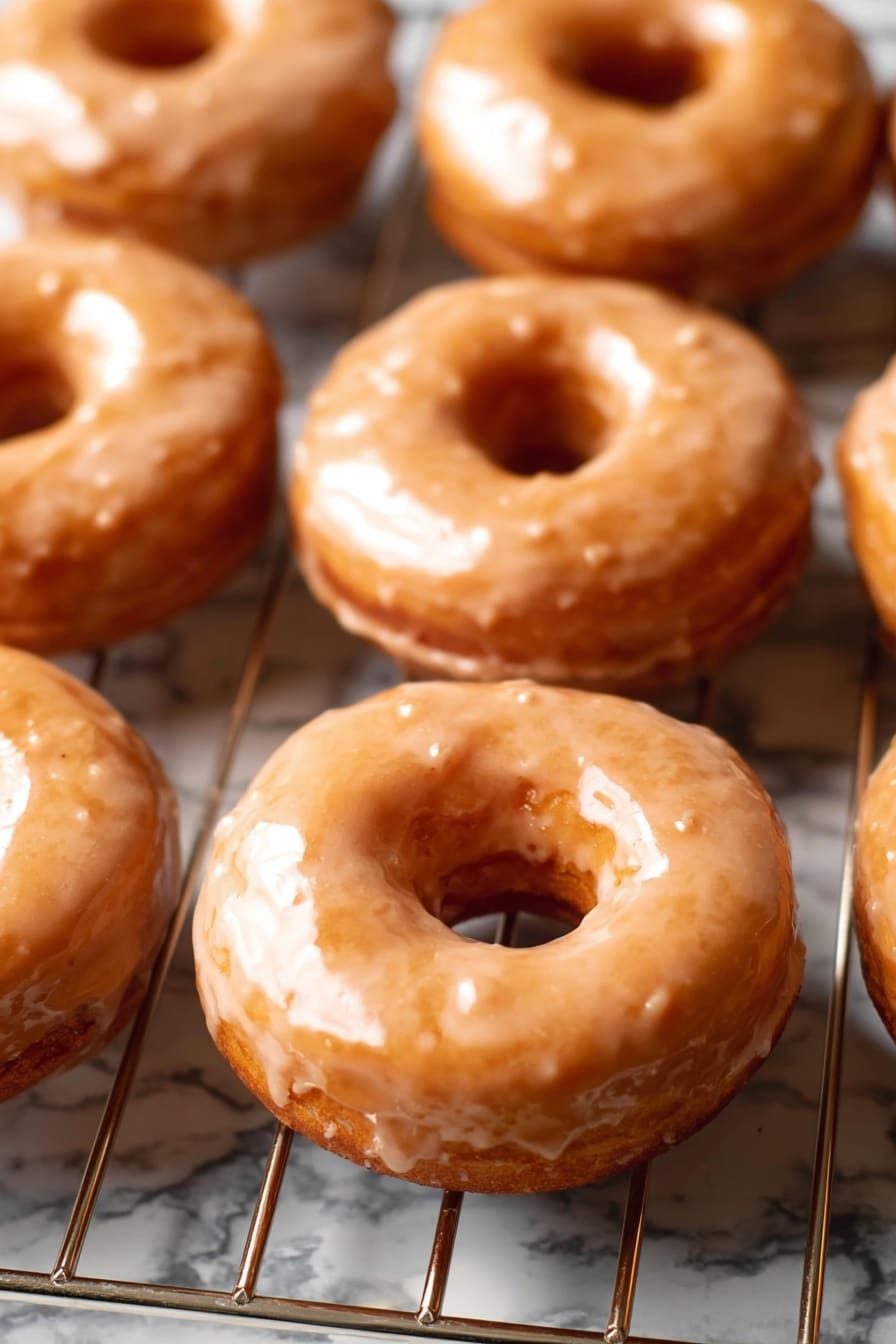 Vegan Pumpkin Donuts with Cinnamon Maple Glaze, Vegan pumpkin donuts, healthy pumpkin donut recipe, fall vegan desserts, baked pumpkin donuts - The image shows a group of eight round donuts with a hole in the middle, all covered in a light brown glaze that looks smooth and shiny with a slightly textured surface. The donuts are placed on a metal cooling rack that has silver, straight bars running horizontally and vertically. The background features a white marbled texture. The lighting highlights the glossy glaze on the donuts, and the focus is sharp, showing the small details of the surface of the glaze and the soft texture of the donuts. photo taken with an iphone --ar 2:3 --v 7