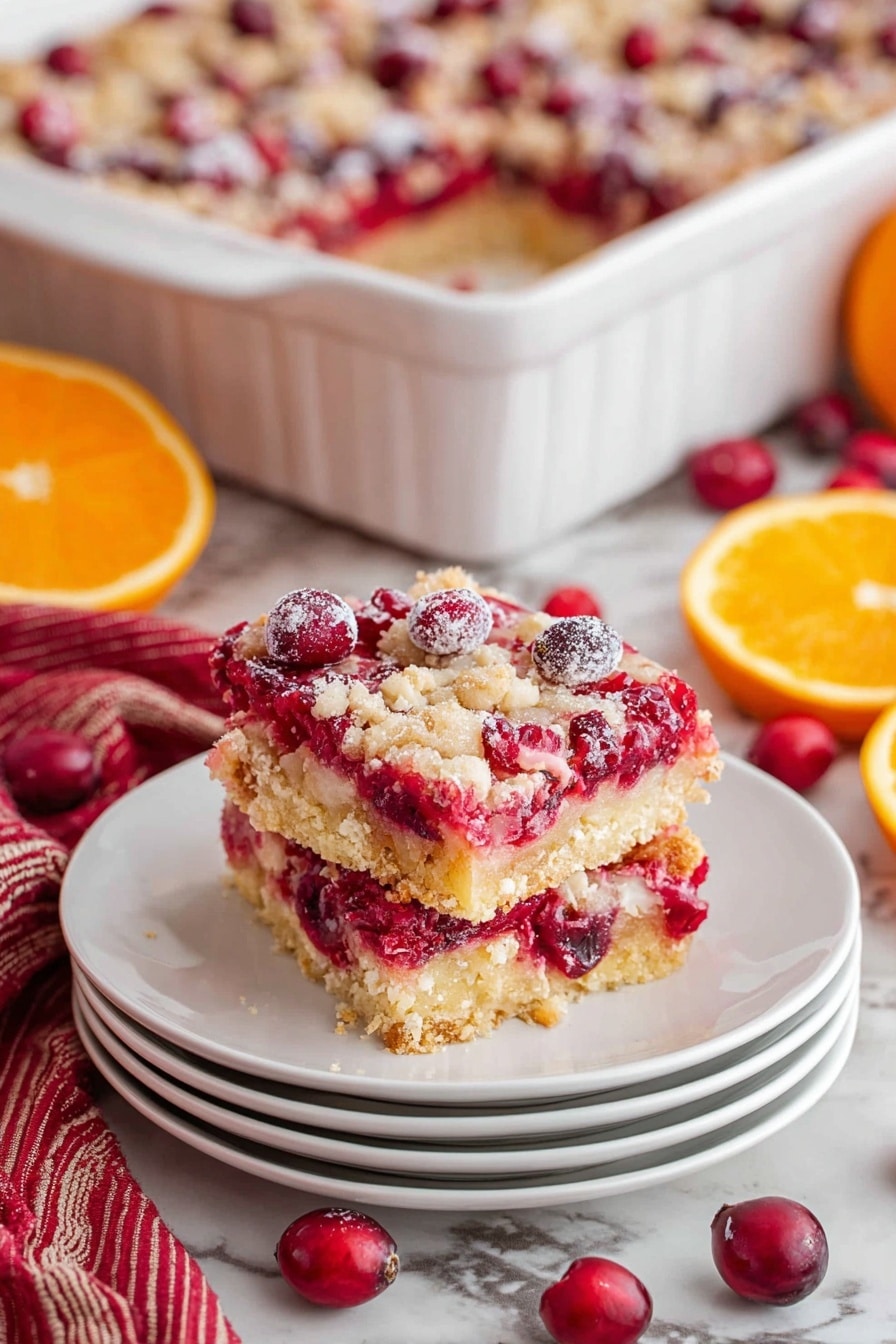 Cranberry Christmas Cake, festive cranberry cake, holiday dessert recipes, easy holiday cake, winter fruit cake - A square piece of cranberry dessert bar sits on top of a stack of four white plates. The dessert bar has three visible layers: a golden crumbly base, a bright red layer with whole cranberries, and a light creamy topping scattered unevenly with more cranberries. In the background, a larger white baking dish holds the rest of the dessert bar with the same layered pattern. The setup is on a white marbled surface with scattered cranberries, orange slices, and a red striped cloth partially visible. Photo taken with an iphone --ar 2:3 --v 7