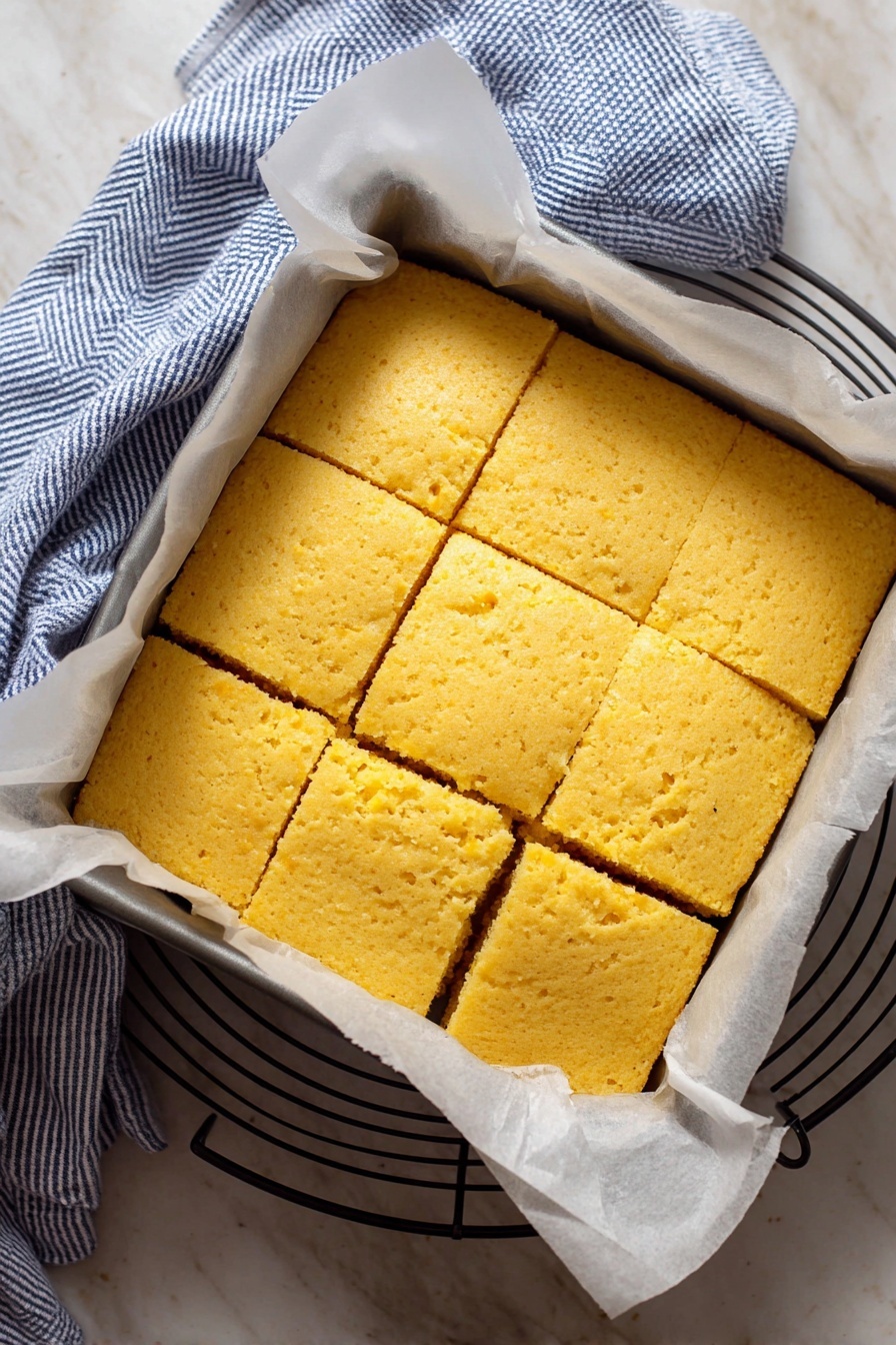 The Best Vegan Cornbread, vegan cornbread recipe, dairy-free cornbread, easy vegan cornbread, tender vegan cornbread - A square pan lined with white parchment paper holds freshly baked, golden-yellow cornbread that is cut into nine even squares. The surface of the cornbread has a soft, slightly cracked texture showing its moist inside. Around the pan, a blue and white striped cloth lies on a white marbled surface with a round, black cooling rack under the pan edges. The cornbread edges are neat and light brown, showing a well-baked soft treat. Photo taken with an iphone --ar 2:3 --v 7