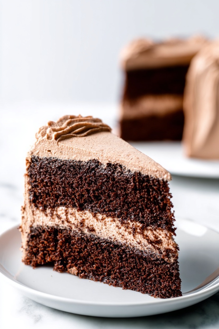 Gluten Free Vegan Chocolate Cake, vegan cake recipes, gluten free dessert, dairy free chocolate cake, plant-based chocolate cake - A slice of chocolate cake with two thick, dark brown chocolate sponge layers separated by a smooth, light brown chocolate frosting layer, all covered with the same light brown frosting that is creamy and lightly textured on the sides. The cake slice sits on a white plate placed on a white marbled surface. In the background, a blurred out of focus slice of the same cake is visible. Photo taken with an iphone --ar 2:3 --v 7