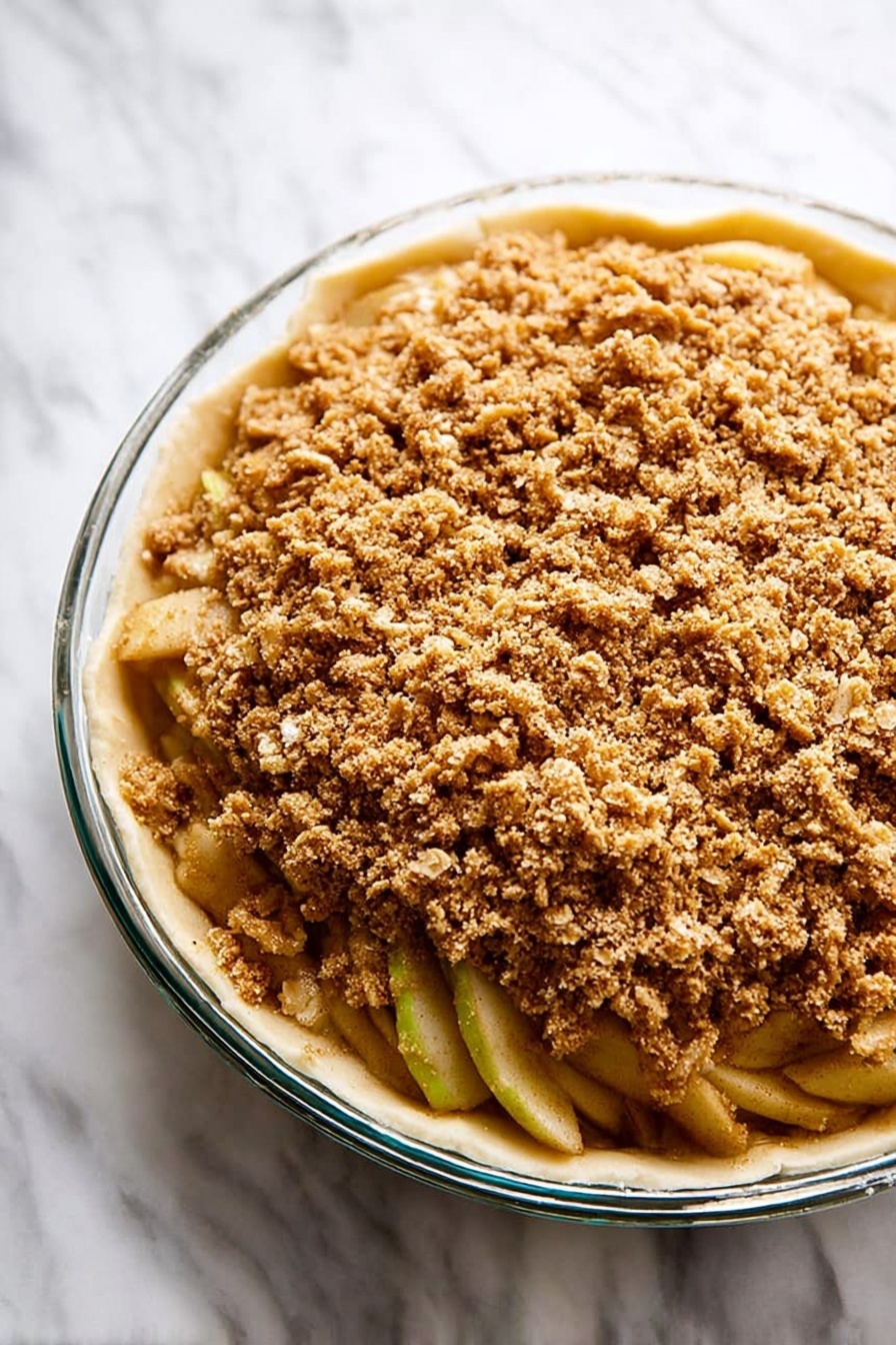 Gluten Free Vegan Apple Crumble Pie, vegan apple dessert, gluten free fruit pie, vegan fall dessert, healthy apple crumble - A clear glass pie dish holds a layered apple crumble pie. The bottom layer is a pale, smooth pie crust that rises slightly up the sides. Above the crust is a thick layer of sliced apples, visible in a light pale yellow with hints of green from the skins. The top layer is a rough, crumbly oat and brown sugar mixture covering the apples fully. The dish sits on a white marbled surface. Photo taken with an iphone --ar 2:3 --v 7