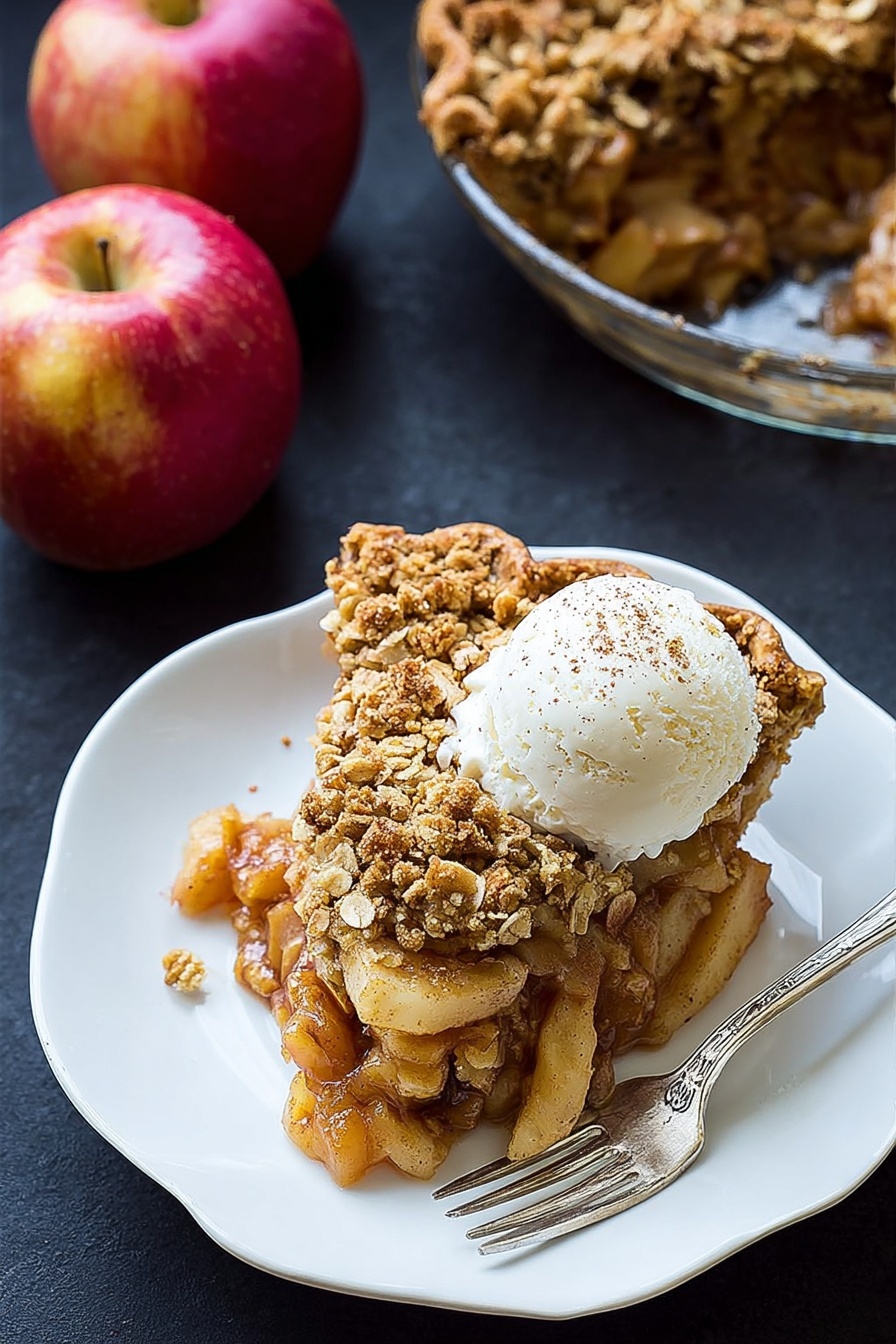 Gluten Free Vegan Apple Crumble Pie, vegan apple dessert, gluten free fruit pie, vegan fall dessert, healthy apple crumble - A slice of apple crumble pie sits on a white plate with a slightly scalloped edge. The pie has three layers: a golden-brown crust on the bottom, a chunky layer of cooked apple pieces with a warm orange tone in the middle, and a crumbly oat and brown sugar topping that is rough in texture and light brown in color. On top of the pie slice, there is a scoop of creamy vanilla ice cream melting slightly, with small brown specks sprinkled over it. A silver fork lies on the right side of the plate, resting on the edge. Nearby, two whole red apples with a slight yellowish tint and a round glass dish holding more apple crumble pie are placed on a dark surface. photo taken with an iphone --ar 2:3 --v 7