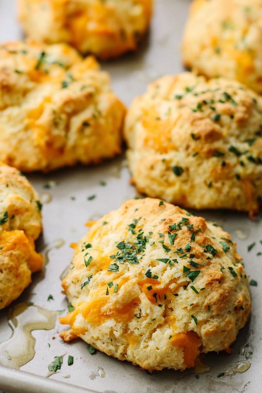 Vegan Cheddar Bay Biscuits, vegan biscuit recipes, dairy-free cheesy biscuits, plant-based savory biscuits, vegan garlic cheddar biscuits - This image shows a close-up view of several soft, golden-yellow cheese biscuits with a rough, bumpy texture sitting on a baking tray. Each biscuit is round and slightly uneven in shape, with small pieces of melted orange cheese visible inside. The biscuits are sprinkled with finely chopped green herbs, adding small green flecks across the top. The background is a light gray tray with small droplets of oil around the biscuits, and the surface beneath is a white marbled texture. photo taken with an iphone --ar 2:3 --v 7
