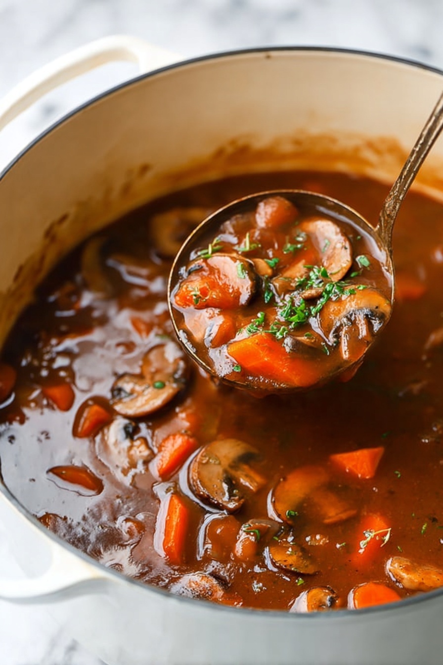 Mushroom Bourguignon, vegetarian mushroom bourguignon, easy mushroom stew, hearty mushroom dinner, flavorful mushroom recipe - The image shows a white pot filled with a rich brown stew with visible slices of mushrooms and thick orange carrot pieces, all floating in a glossy, thick broth. A metal ladle is dipping into the stew, lifting some of the stew that highlights the mushrooms, carrots, and small bits of herbs sprinkled on top. The stew looks warm and thick with a mix of soft vegetable textures. The background is a white marbled texture. Photo taken with an iphone --ar 2:3 --v 7