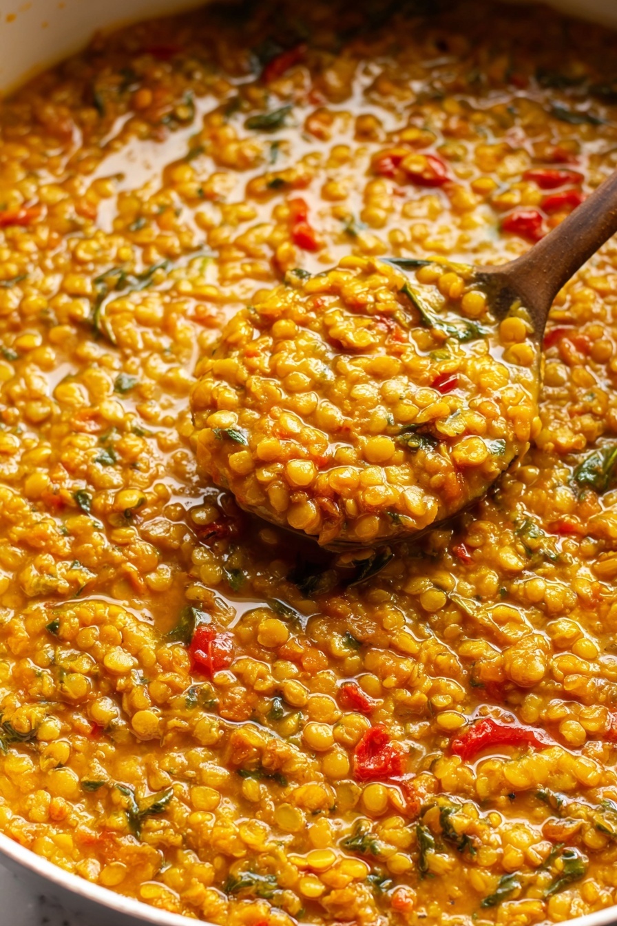 Red Lentil Dahl, Easy Lentil Dahl, Quick Vegan Dinner, Healthy Lentil Recipes, Comfort Food Recipes - A close-up view of a rich, thick lentil stew inside a white pan, showing a dense, creamy texture with visible small yellow lentils mixed with bits of green herbs and pieces of red bell pepper scattered throughout. The stew has a shiny, slightly oily surface, hinting it is freshly cooked with a mix of smooth and chunky parts. A spoon is partially dipped into the stew, lifting a generous scoop, highlighting the thick consistency and hearty mixture of ingredients, all set against a white marbled surface. photo taken with an iphone --ar 2:3 --v 7