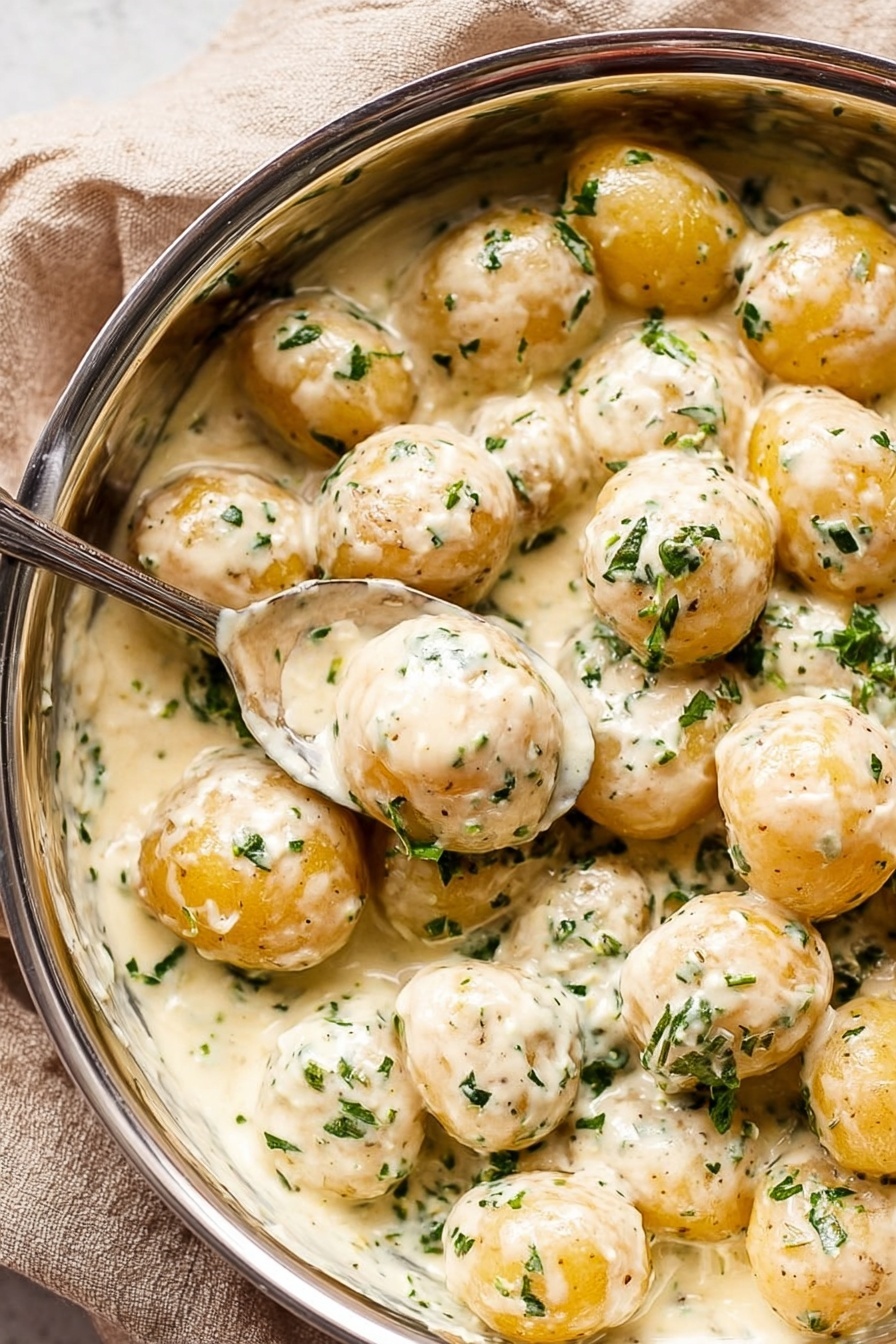 Creamy Garlic Potatoes, garlic potatoes recipe, easy potato side dish, flavorful potato recipes, quick garlic potatoes - The image shows a close-up view of a pan filled with several small, round golden potatoes covered in a thick, creamy white sauce speckled with small green parsley pieces. A metal spoon with a wooden handle is partially dipped into the sauce, lifting some potatoes. The edges of the pan are visible, and the background is a white marbled surface. Photo taken with an iphone --ar 2:3 --v 7