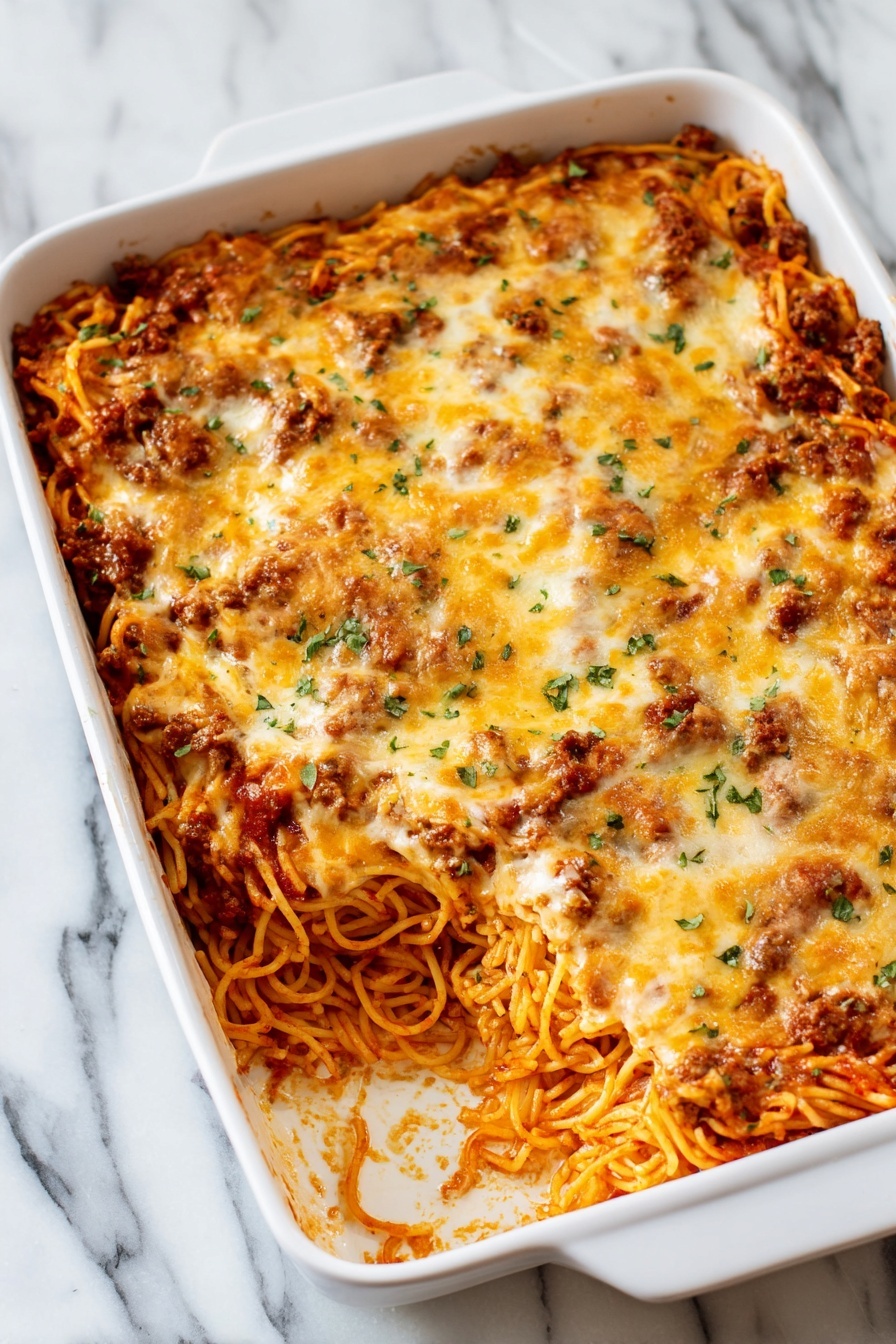 Baked Spaghetti, easy baked pasta recipe, cheesy baked spaghetti, weeknight pasta dinner, hearty baked spaghetti - A baked pasta dish is shown inside a white rectangular baking dish placed on a white marbled surface. The top layer is golden brown melted cheese with browned spots, mixed with bits of browned meat and small green herb pieces sprinkled on top. Underneath the cheese layer are visible spiral pasta shapes coated in a creamy sauce with a light orange tint, mingled with the browned meat throughout the pasta. The surface looks bubbly and textured with some crispy edges at the corners. photo taken with an iphone --ar 2:3 --v 7