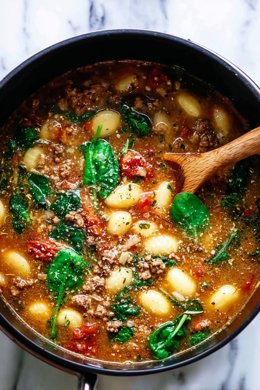 Sausage and Gnocchi Soup, sausage and gnocchi recipe, hearty sausage soup, quick weeknight soup, comforting sausage and gnocchi dish - A black pot sits on a white marbled surface, filled with a warm soup that has several layers of ingredients. The base layer is a clear to light brown broth with herbs and spices floating throughout. Inside the soup, there are small gnocchi-like dumplings in pale yellow, chunks of red tomatoes, pieces of cooked ground meat in brown, and fresh bright green spinach leaves floating on top. A wooden spoon with a smooth texture is immersed in the pot, stirring the soup gently. The colors are vivid and the soup looks fresh and hearty. photo taken with an iphone --ar 2:3 --v 7