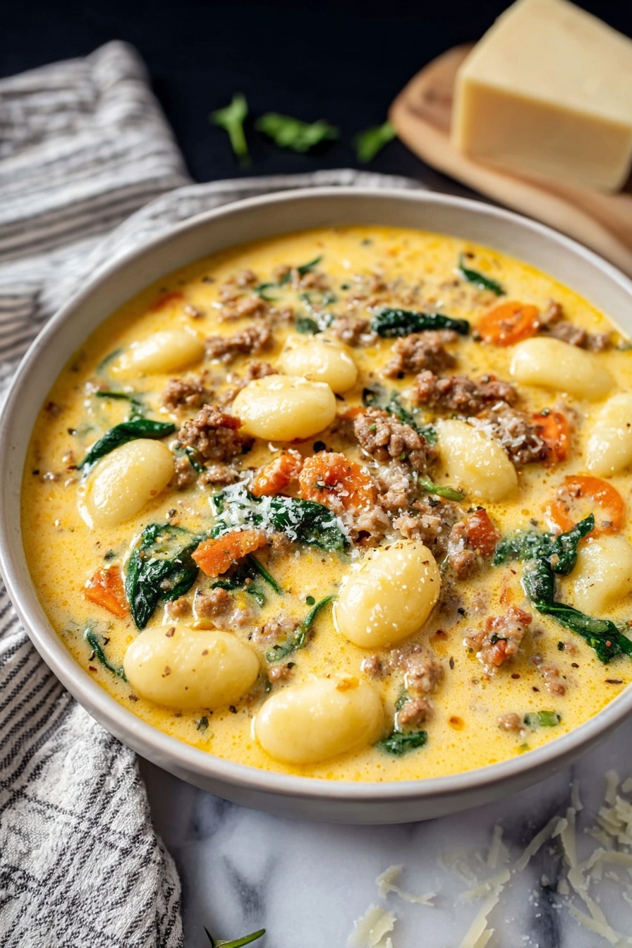 Creamy Italian Sausage Gnocchi Soup Italian sausage gnocchi comforting soup quick dinner hearty Italian sausage gnocchi soup - The image shows a white bowl filled with a creamy soup featuring three main layers: a thick yellow-orange broth base, small pieces of cooked sausage scattered throughout, and soft gnocchi floating on top. Bright green spinach leaves and small bits of orange carrot are mixed into the soup, adding color contrast. The soup is sprinkled with shredded cheese and some black pepper. The bowl sits on a white marbled surface, with a piece of grated cheese and a cheese grater blurred in the background. Photo taken with an iphone --ar 2:3 --v 7