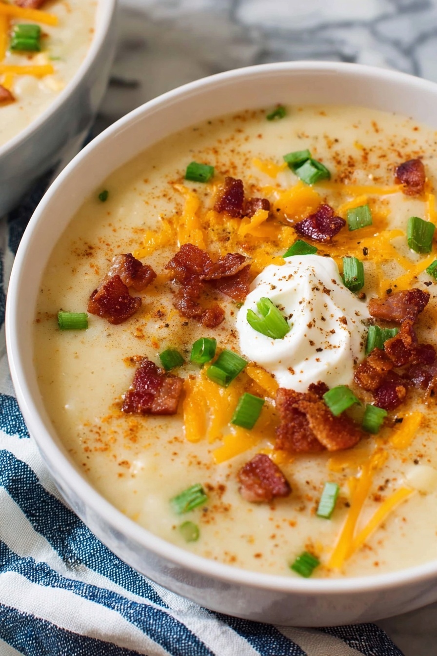 The Ultimate Potato Soup, creamy potato soup recipe, comforting potato soup, easy potato soup, hearty potato soup - A close-up of a white bowl filled with thick, creamy potato soup as the base layer, light beige in color with a smooth, slightly lumpy texture. On top, there are scattered pieces of bright orange shredded cheddar cheese, crispy bacon bits in reddish-brown color, small chunks of green chopped scallions, and a swirl of white sour cream. The soup surface is sprinkled with a dusting of light brown paprika, giving it a slight textured look. The bowl sits on a blue and white striped cloth with a white marbled background. Photo taken with an iphone --ar 2:3 --v 7