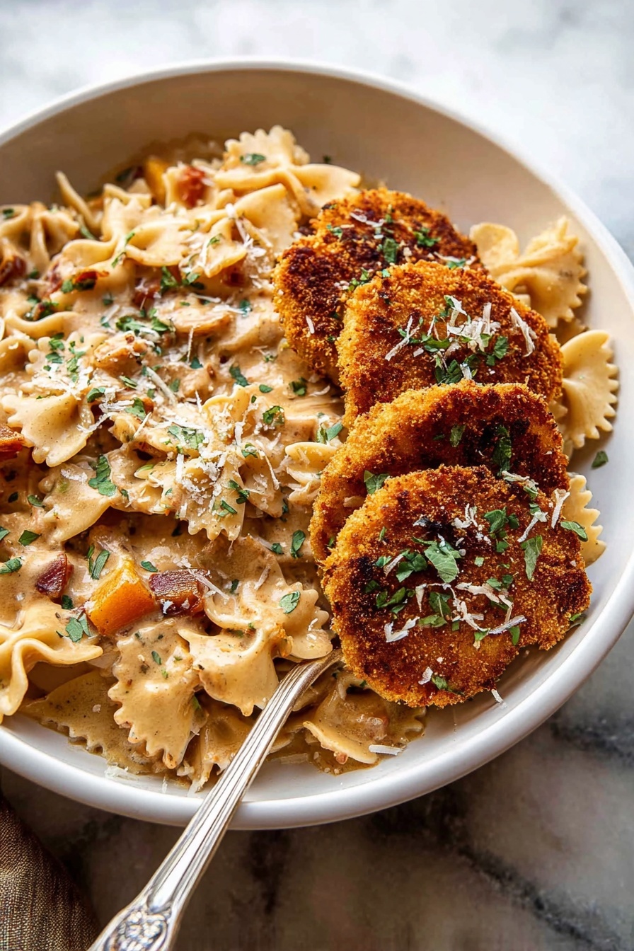 Southern Style Creamy Parmesan Chicken Pasta, creamy chicken pasta, Parmesan chicken skillet, easy cheesy pasta, Southern-inspired chicken dinner - A white bowl sits on a white marbled surface filled with creamy pasta and crispy fried cutlets on top. The pasta includes farfalle shapes tossed in a thick beige sauce with visible small cubes of orange vegetables and bits of bacon. Three golden brown, crunchy cutlets are layered on the right side, sprinkled with finely chopped green herbs and a light dusting of grated cheese. A silver fork rests inside the bowl on the left side against the pasta. The colors include creamy beige, orange, golden brown, and green, creating a warm, inviting look. Photo taken with an iphone --ar 2:3 --v 7