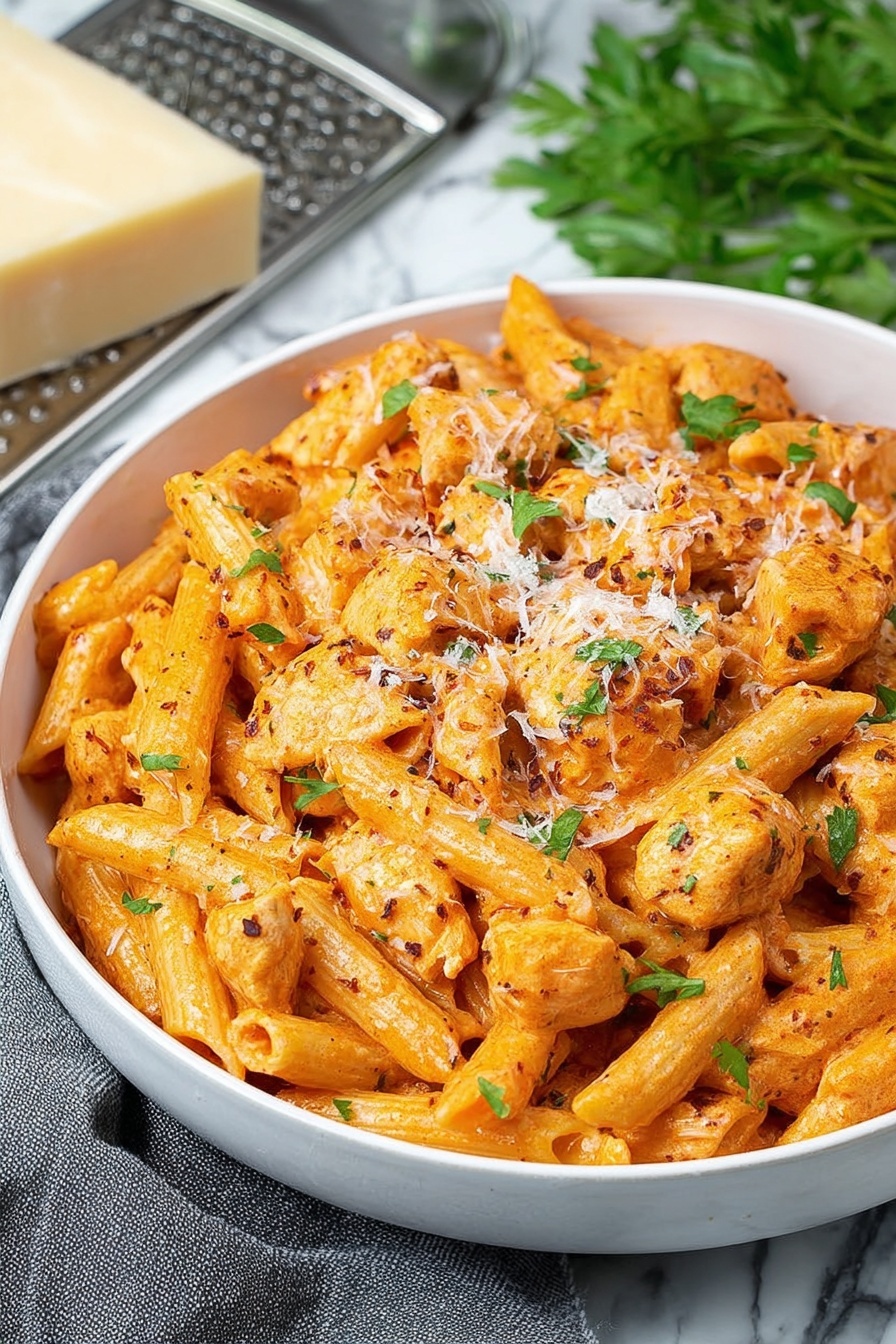 Chicken Parmesan Pasta, Chicken Parmesan Pasta recipe, cheesy pasta with chicken, quick chicken pasta dish, Italian chicken pasta - A white shallow round bowl is filled with one layer of penne pasta mixed with bite-sized pieces of light brown chicken, all coated in a creamy orange sauce. Green parsley leaves are scattered on top along with small sprinkles of grated white cheese. The bowl sits on a white marbled surface with a metal grater and a block of cheese blurred in the background. photo taken with an iphone --ar 2:3 --v 7