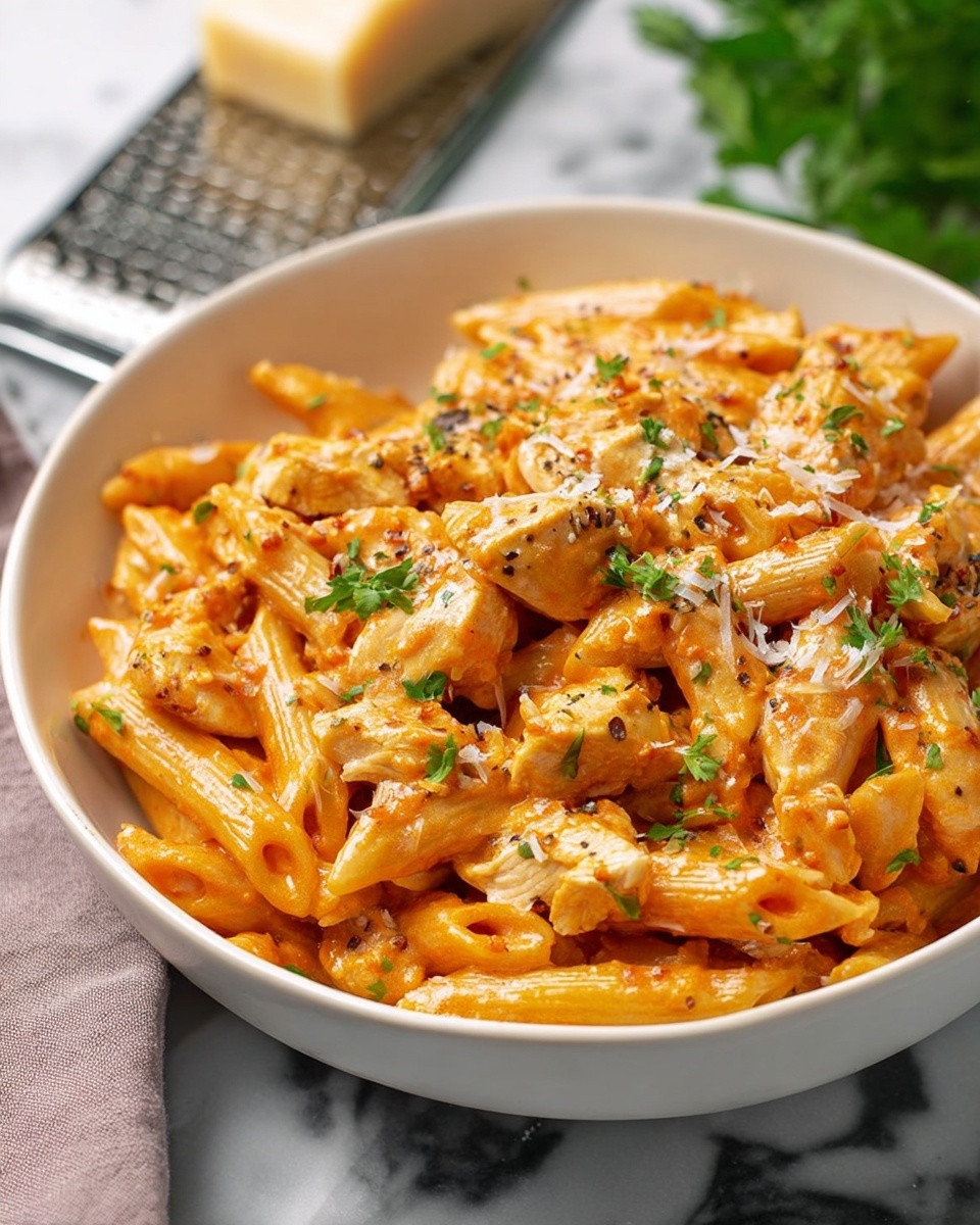 Chicken Parmesan Pasta, Chicken Parmesan Pasta recipe, cheesy pasta with chicken, quick chicken pasta dish, Italian chicken pasta - The image shows a white bowl filled with creamy orange pasta with short tube shapes mixed with small chunks of chicken, both coated in a smooth, rich sauce. The dish is sprinkled with small bits of green herbs and tiny white shreds of cheese on top, adding color contrast and texture. The bowl is placed on a white marbled surface with some raw tube-shaped pasta scattered around it, and a metal grater with a beige handle is slightly visible in the background. The lighting highlights the creamy texture of the sauce and makes the herbs look fresh.photo taken with an iphone --ar 2:3 --v 7