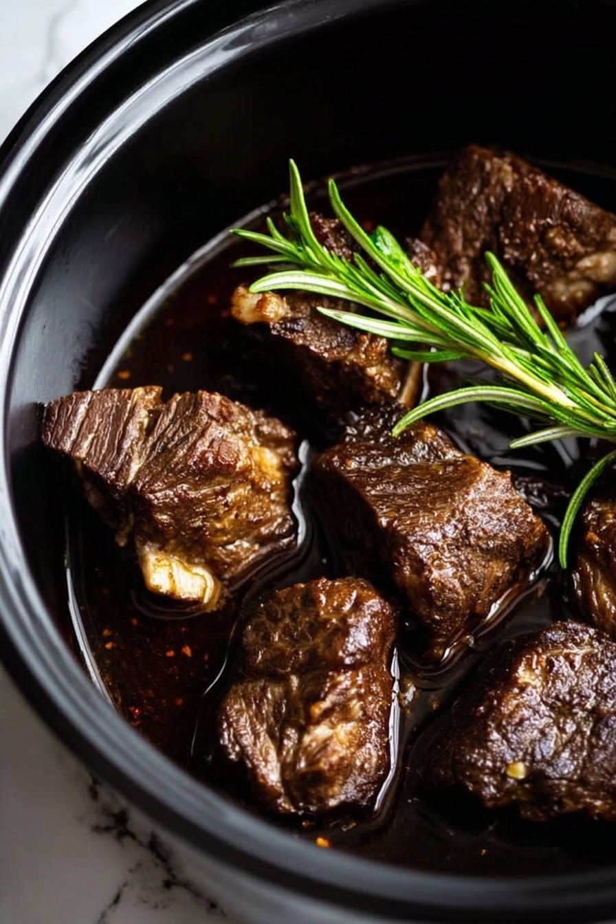 Slow Cooker Beef Short Ribs, beef short ribs, crockpot beef ribs, tender beef short ribs, hearty beef dinner - The image shows several dark brown, cooked beef chunks with seared edges sitting in a black pot filled with a thin layer of dark broth. A fresh green rosemary sprig lays on top of the beef pieces, adding a touch of color and freshness. The beef looks tender with some fat visible on the edges, and the pot's interior is shiny and black, contrasting with the rich brown meat. The background is a white marbled texture. photo taken with an iphone --ar 2:3 --v 7
