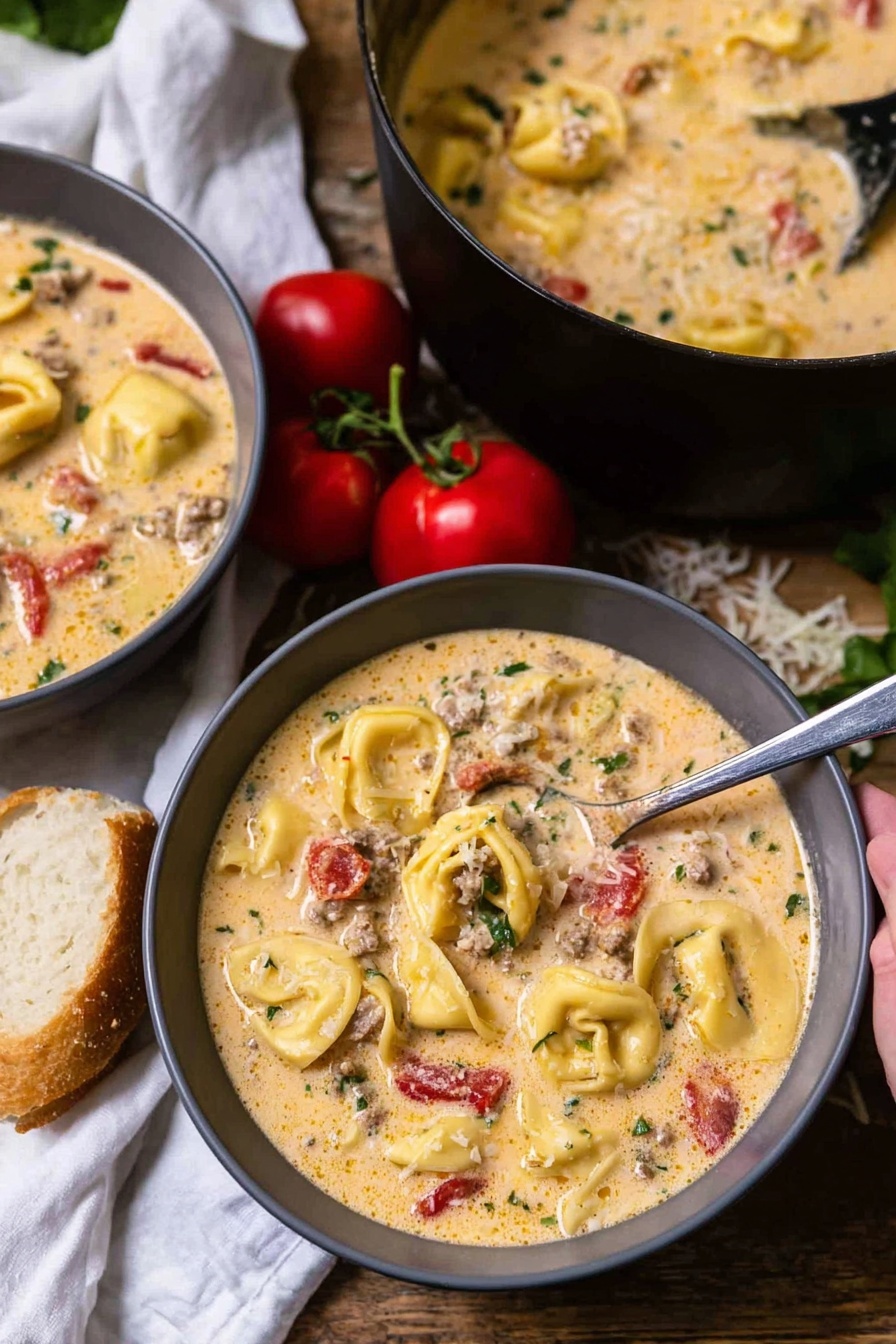 Sausage Tortellini Soup, hearty one-pot sausage soup, creamy tomato tortellini soup, easy sausage pasta soup, cozy Italian sausage soup - A creamy soup filled with yellow tortellini, small pieces of red tomatoes, green herbs, and bits of ground meat sits in two dark gray bowls on a wooden table. One bowl has a woman's hand holding a spoon resting in it, showing the thick texture of the soup. A large black pot with more soup and tortellini is partly visible in the background, near a white cloth and two fresh red tomatoes on the vine. A piece of crusty bread is next to the front bowl. The surface underneath everything is a white marbled texture. Photo taken with an iphone --ar 2:3 --v 7