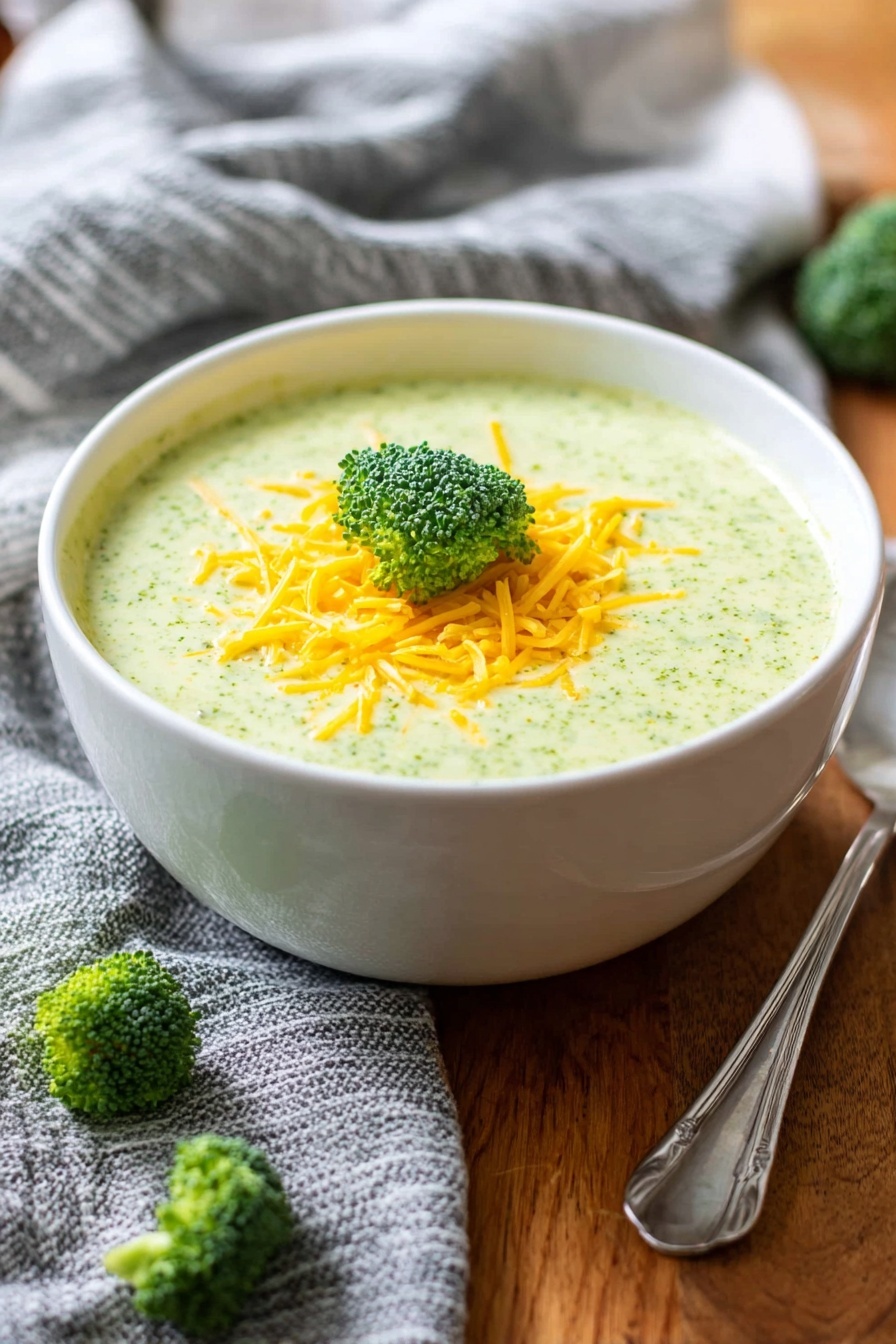 Cream of Broccoli Soup, Broccoli Soup Recipe, Easy Creamy Broccoli Soup, Healthy Broccoli Soup, Cozy Vegetable Soup - A white bowl holds creamy light green broccoli soup, topped with a small pile of bright yellow shredded cheddar cheese and a single small green broccoli floret on top. The bowl is set on a wooden surface, with a few small broccoli florets beside it. A silver spoon rests to the right of the bowl, and a loosely folded gray and white striped cloth is visible in the background. The scene is warm and inviting, with soft natural light. photo taken with an iphone --ar 2:3 --v 7