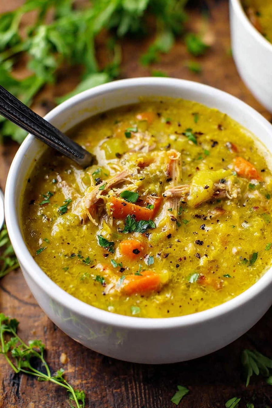 Split Pea Soup with Ham, hearty ham and split pea soup, comforting ham and pea soup, easy split pea ham recipe, cozy ham and pea stew - A white bowl filled with thick, yellowish-green soup that has a chunky texture. Inside the soup, there are visible pieces of orange carrots and light brown shredded meat, topped with small green herb bits and black pepper specks. A dark spoon is partly dipped into the soup, resting inside the bowl. The bowl sits on a wooden surface with sprigs of fresh green herbs scattered around. Photo taken with an iphone --ar 2:3 --v 7