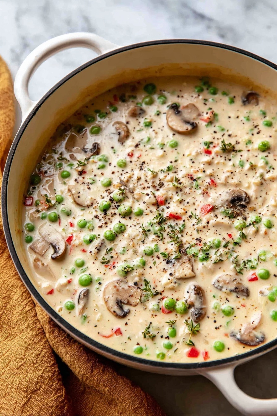 Chicken a la King, Classic Chicken a la King, creamy chicken dinner, easy chicken recipes, comfort food recipes - A wooden spoon lifts a creamy soup filled with visible layers of texture and color: soft white sauce mixed with small green peas, bright red bell pepper pieces, and slices of brown mushrooms. Fresh green herbs are sprinkled on top, and ground black pepper is scattered over the surface, adding texture and dark specks. The dish is held over a white marbled surface, showing more of the creamy soup below with the same mix of vegetables and sauce, creating a rich, hearty look. photo taken with an iphone --ar 2:3 --v 7