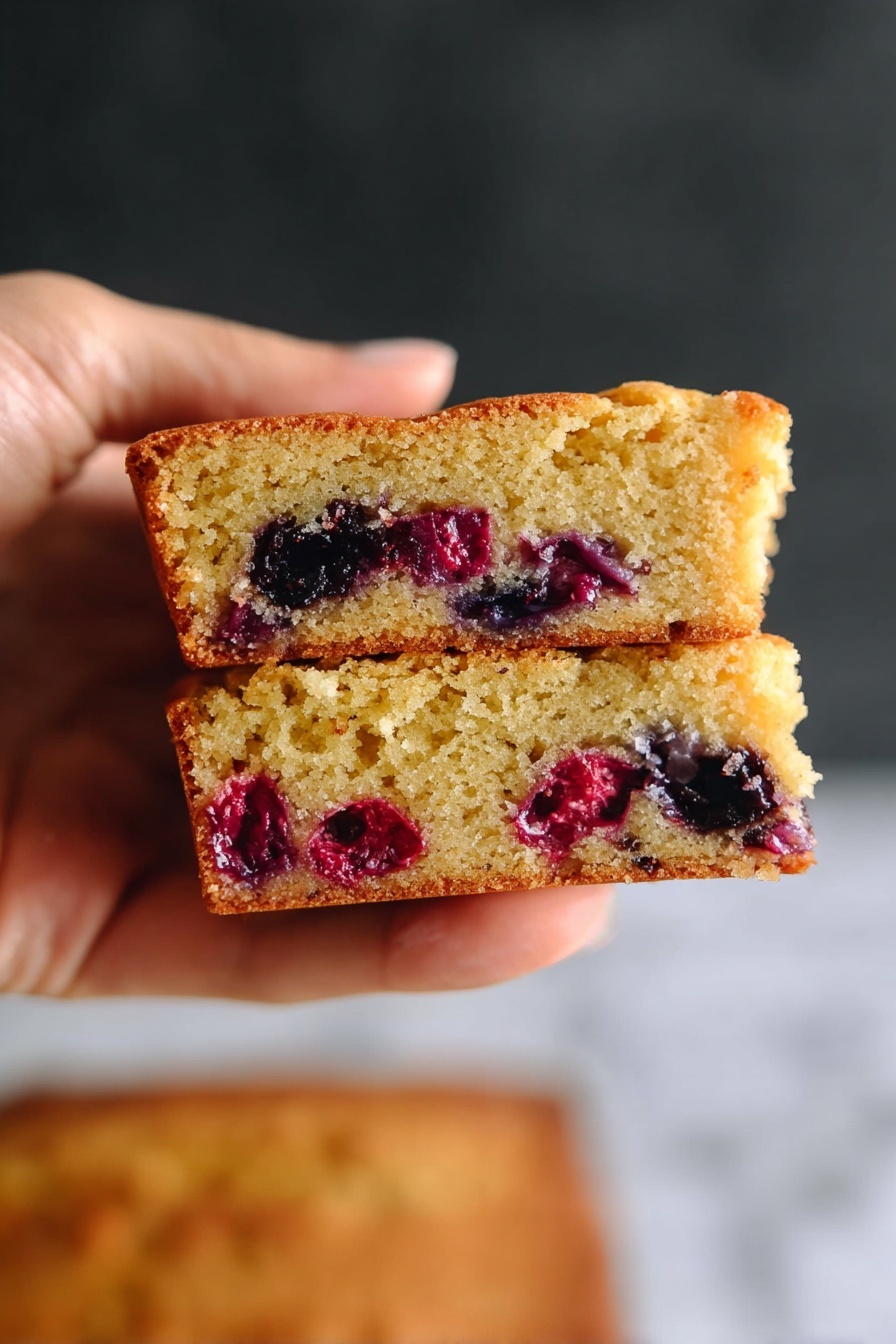 Berry Paleo Gluten-Free Snack Cake, healthy berry paleo cake, paleo gluten-free dessert, grain-free snack cake, detox-friendly berry snack - A close-up of a piece of cake held by a woman's hand, showing two layers: a thick, golden-brown, soft porous cake on top and bottom, with a middle section containing embedded dark purple and red berries, juicy and slightly textured, adding color contrast inside the light-baked cake. The background is blurred with a white marbled texture beneath, creating a clean and simple setting. photo taken with an iphone --ar 2:3 --v 7